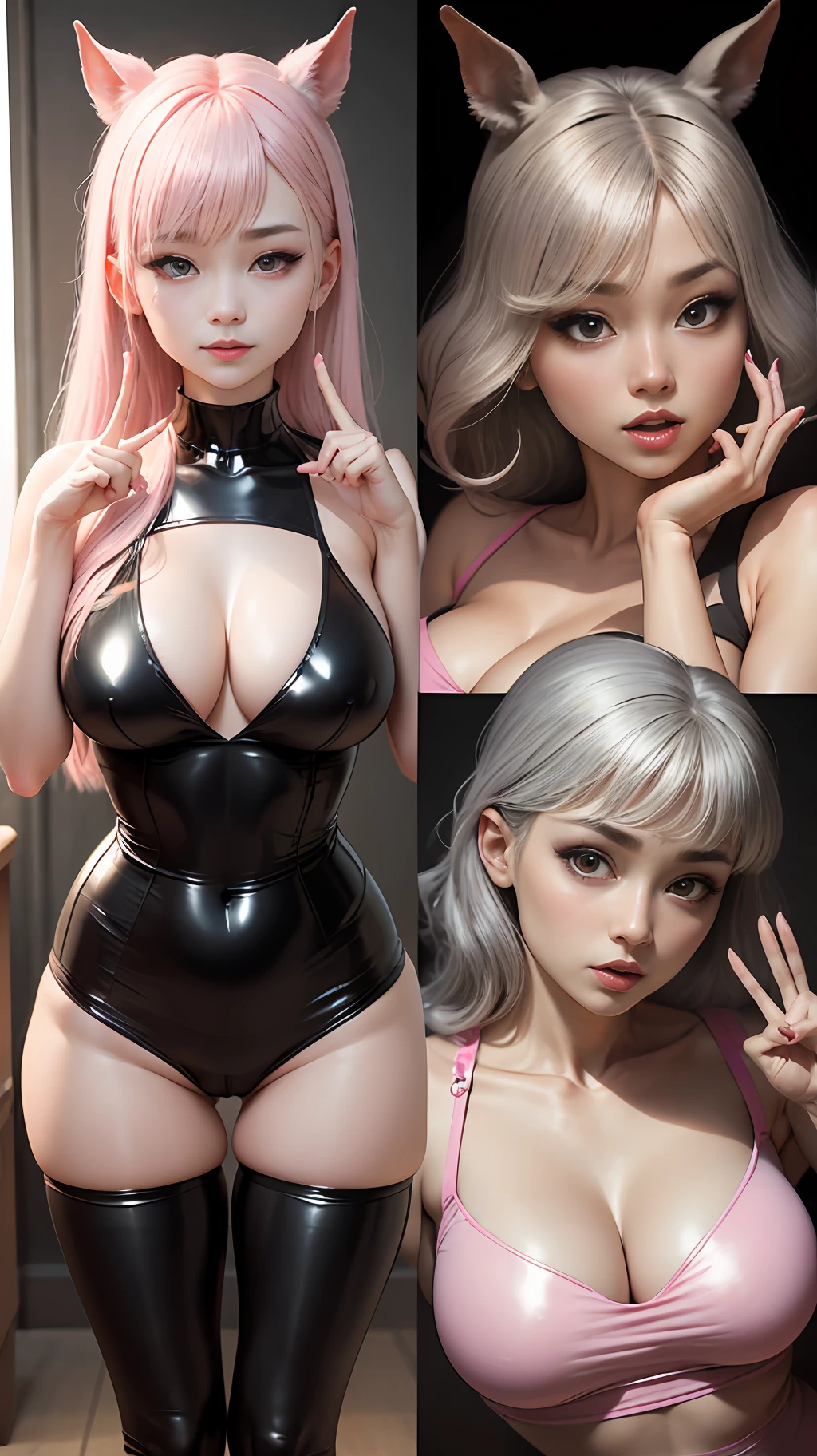 best qualtiy,超高分辨率,(真实感:1.4),tmasterpiece,1girl,Kpop idol,(aegyo sal:1.0),puffy eye,(the ruined city),alice\(nikke\),(Pink tights),(Shiny clothes),dual horsetail,(Latex onesies),(rubber catsuit),shoe,(cleavage),(slim),((whaite hair)),(silber hair),(greyt hair), ((Red eyes)),(looking at viewert),(ssmile),(long whitr hair),nsfw,depth of fields,detail in face,shiny skin,Good eye details,Heavy eye makeup,Thin waist,Blushlush,Eye makeup details,perfect anatomia,(pureerosface_v1:0.55),((Pink contacts)),(Make peace gestures with both hands),V-sign,Make a peace gesture,Fat ass,Large breasts --auto