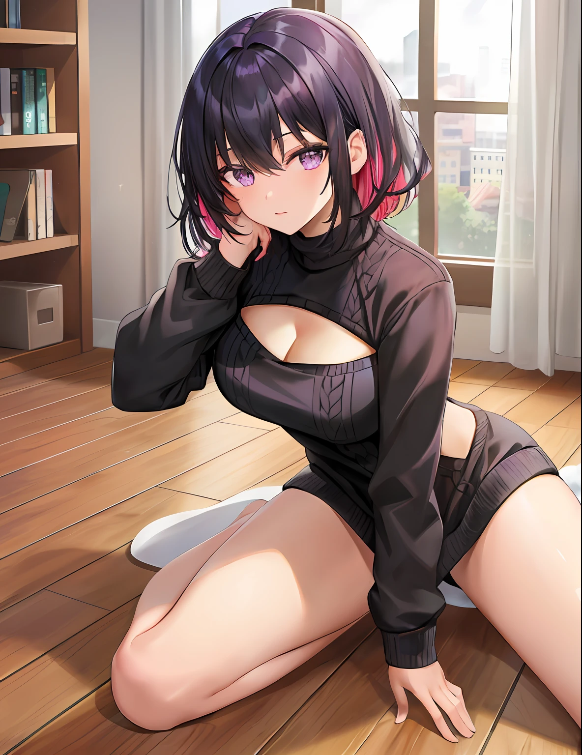 modelshoot style, (masterpiece:1.3), (absurdres:1.3), (best quality:1.3), (8K), (large masterpiece digital art), (detailed manga illustration), (handled hair), perfect anatomy, (intricate details:1.3), (ultra-detailed:1.3), (illustration:1.3), (sharp focus:1.3), (vivid colors:1.3), (1girl), (solo), azki, idol, (short hair:1), hair between eyes, multicolored hair, (two-tone hair, pink hair, black hair), purple eyes, leaning forward viewer, pov, thighs, sitting, virgin killer sweater, purple sweater, backless outfit, indoors, wooden floor, heart_cleavage_cutout