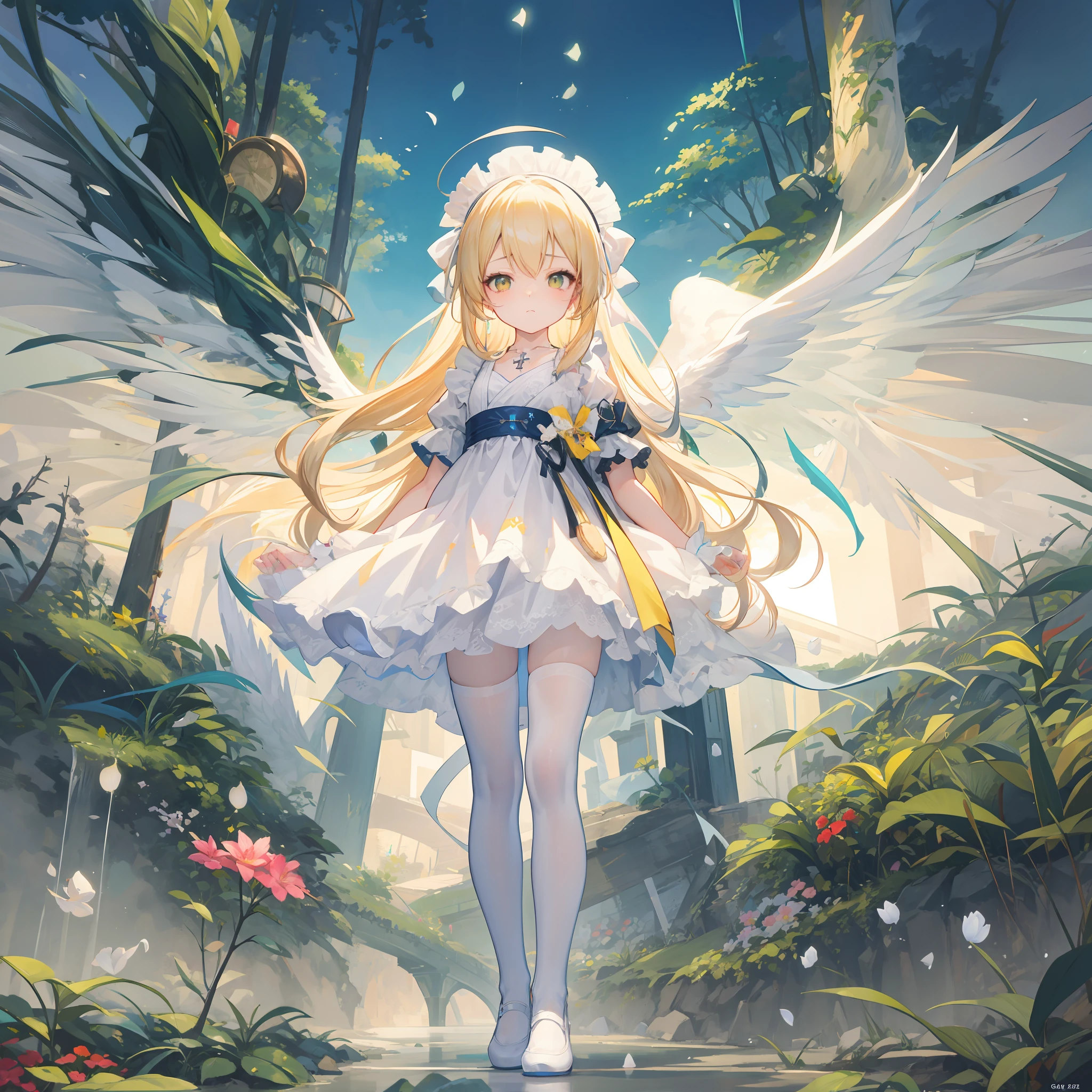 Anime girl standing on bridge in the forest with angel wings, Guweiz in Pixiv ArtStation, Guweiz on ArtStation Pixiv, full - body majestic angel, trending on artstation pixiv, beautiful fantasy anime, Anime fantasy illustration, high detailed official artwork, angelic purity, Anime fantasy artwork, Digital art on Pixiv, ethereal anime,Lolita Gothic,From the side Side,full body,Ray tracing,{Best quality}, {{Masterpiece}}, {A high resolution}, Original, Extremely detailed 8k wallpaper, 1girll, {An extremely delicate and beautiful},,incredibly_absurderes,Ray tracing,{Best quality}, {{Masterpiece}}, {A high resolution}, Original, Extremely detailed 8k wallpaper, {An extremely delicate and beautiful},,incredibly_absurderes,Colorful,intricately details,art book,,Perspective,very wide angle shot,Overall view,,aurora,Starry sky,clusters of stars,Starry sky,glistening stars,,forest,outline,fountain,Shop,Outdoors,east asian architecture,greco-roman architecture,restaurant,shanty townships/favela,,chies,A high resolution,Extremely detailed Cg Unity 8K wallpaper,Detailed manga illustrations,art of light novel,art of light novel,angel,Petite,Dragon girl,lolita fashion,Babe,ahoge,Blonde hair,Long hair,Blonde_Hair/Yellow_Eyes,looking at the distance,Closed mouth,standing,hide hand,Slim legs,Expressionless,Serious,Beautiful detailed eyes,Gothic_Lolita,Cloak cover,White skirt,Lolita Gothic,White pantyhose,white stockings,White_upper legs,Fine fabric emphasis,mary_janes,Cross necklace,ribbon,Hair ribbon,maid headdress,hair adornments,flat_chest,flat_chest,Ray tracing,Beautiful detailed sky,Masterpiece,Clear picture,Pedras preciosas,
