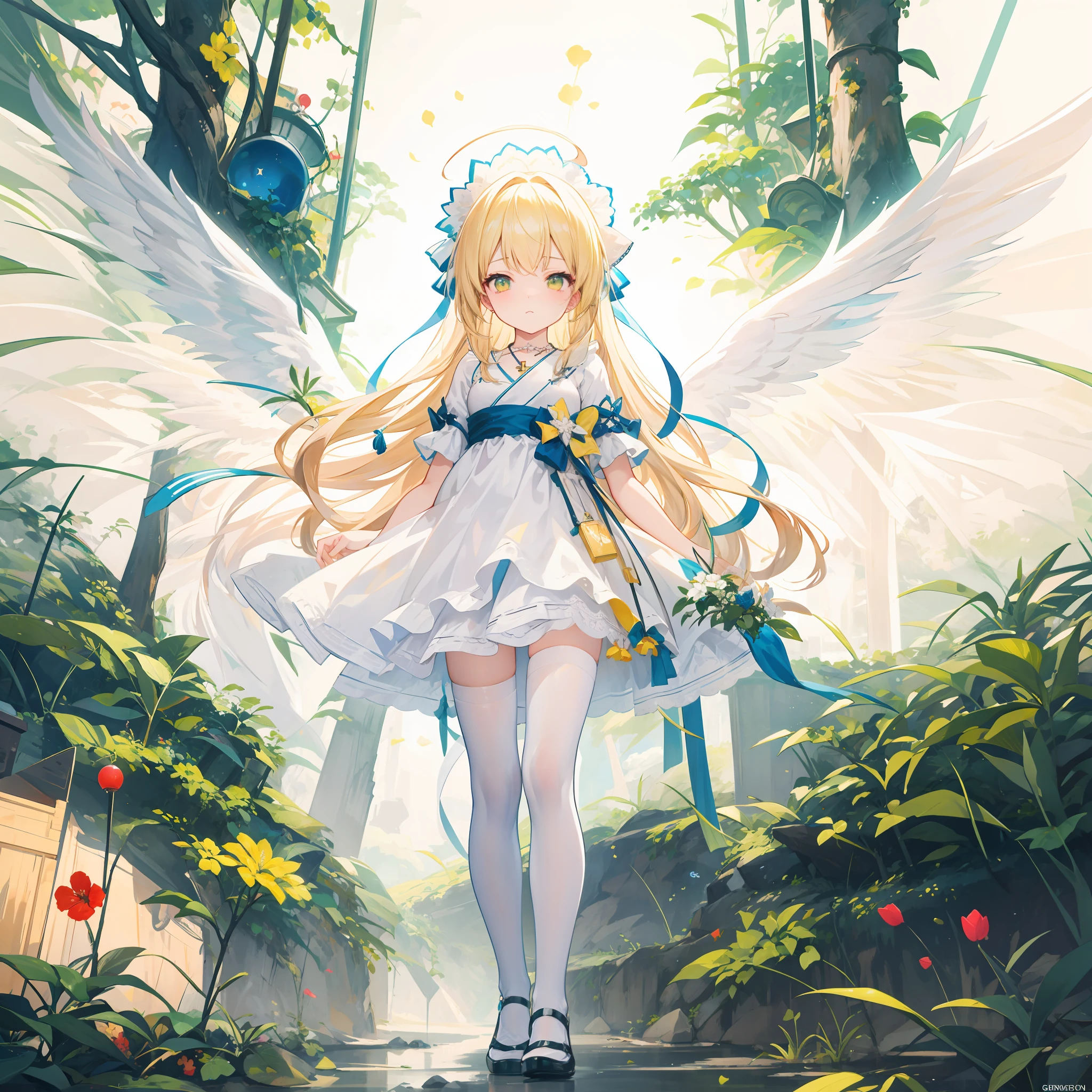 Anime girl standing on bridge in the forest with angel wings, Guweiz in Pixiv ArtStation, Guweiz on ArtStation Pixiv, full - body majestic angel, trending on artstation pixiv, beautiful fantasy anime, Anime fantasy illustration, high detailed official artwork, angelic purity, Anime fantasy artwork, Digital art on Pixiv, ethereal anime,Lolita Gothic,From the side Side,full body,Ray tracing,{Best quality}, {{Masterpiece}}, {A high resolution}, Original, Extremely detailed 8k wallpaper, 1girll, {An extremely delicate and beautiful},,incredibly_absurderes,Ray tracing,{Best quality}, {{Masterpiece}}, {A high resolution}, Original, Extremely detailed 8k wallpaper, {An extremely delicate and beautiful},,incredibly_absurderes,Colorful,intricately details,art book,,Perspective,very wide angle shot,Overall view,,aurora,Starry sky,clusters of stars,Starry sky,glistening stars,,forest,outline,fountain,Shop,Outdoors,east asian architecture,greco-roman architecture,restaurant,shanty townships/favela,,chies,A high resolution,Extremely detailed Cg Unity 8K wallpaper,Detailed manga illustrations,art of light novel,art of light novel,angel,Petite,Dragon girl,lolita fashion,Babe,ahoge,Blonde hair,Long hair,Blonde_Hair/Yellow_Eyes,looking at the distance,Closed mouth,standing,hide hand,Slim legs,Expressionless,Serious,Beautiful detailed eyes,Gothic_Lolita,Cloak cover,White skirt,Lolita Gothic,White pantyhose,white stockings,White_upper legs,Fine fabric emphasis,mary_janes,Cross necklace,ribbon,Hair ribbon,maid headdress,hair adornments,flat_chest,flat_chest,Ray tracing,Beautiful detailed sky,Masterpiece,Clear picture,Pedras preciosas,