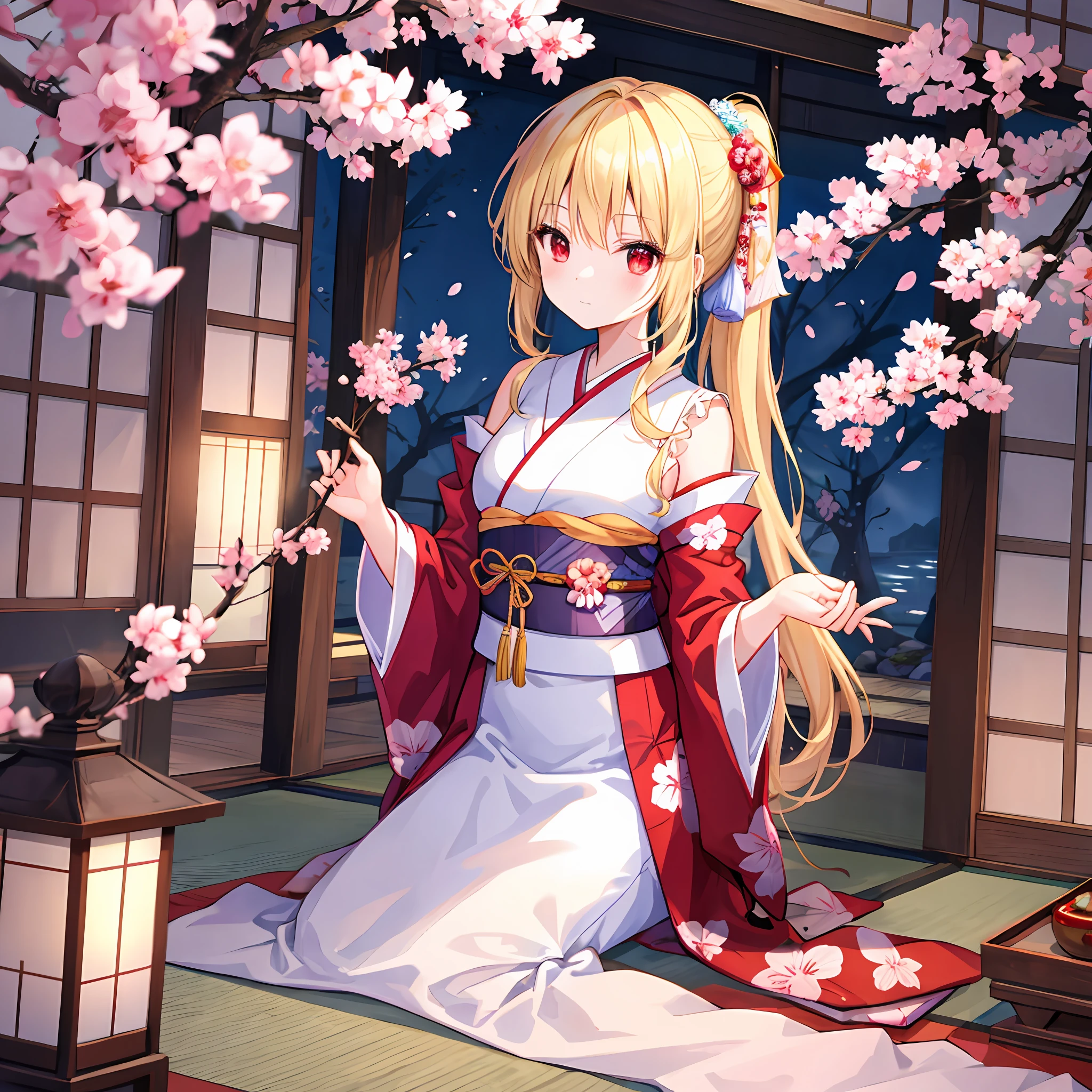 One beautiful blonde girl、poneyTail、red eyes、Kimono、off shoulders、cherry trees、traditional Japanese room