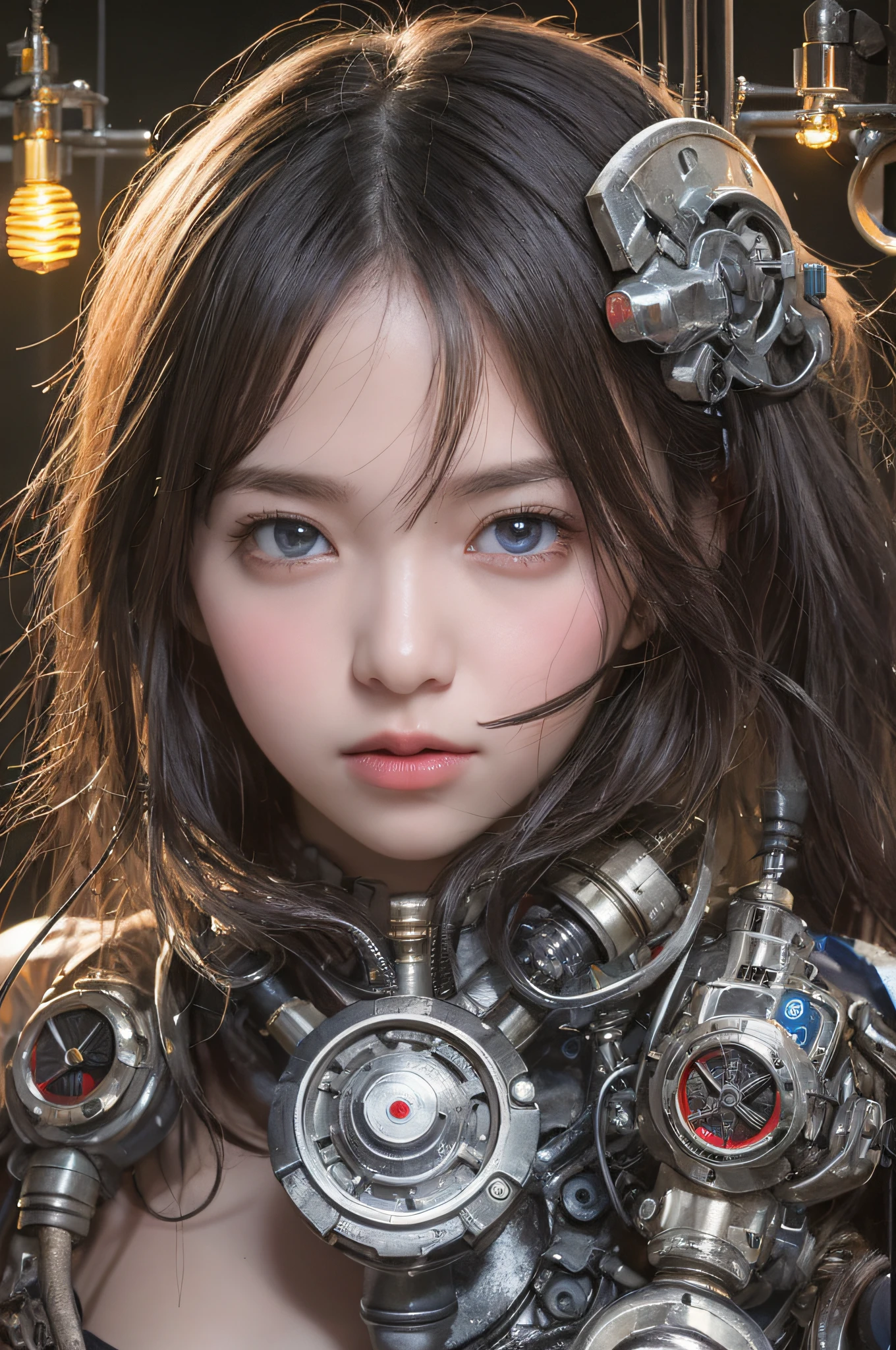 blush,Top quality, Masterpiece, 超高分辨率, (Photorealistic: 1.4), RAW photo, 1 girl, Black hair, Glossy glossy skin, 1 mechanical girl, (hyper realistic detailed)), Portrait, Global illumination, Shadows, Octane rendering, 8K, ultrasharp, Big, Cleavage Exposed Raw Skin, metal, Detail of Intricate Ornaments, Steampunk details, vacuum tubes, nixie tubes, oil pressure gauges, glass tubes, analog meters, (gear wheel), Hydraulic cylinder, very complex details, Realistic light, CGSoation trends, Purple eyes, Glowing eyes, Facing the camera, neon light detail, Mechanical limbs, blood vessels attached to the tube, Mechanical vertebrae attached to the back, mechanical cervical attachment to the neck, Sitting, wires and cables connecting to head, gundam, (Small LED lamps:1.5),neon,(Soviet glow tube)