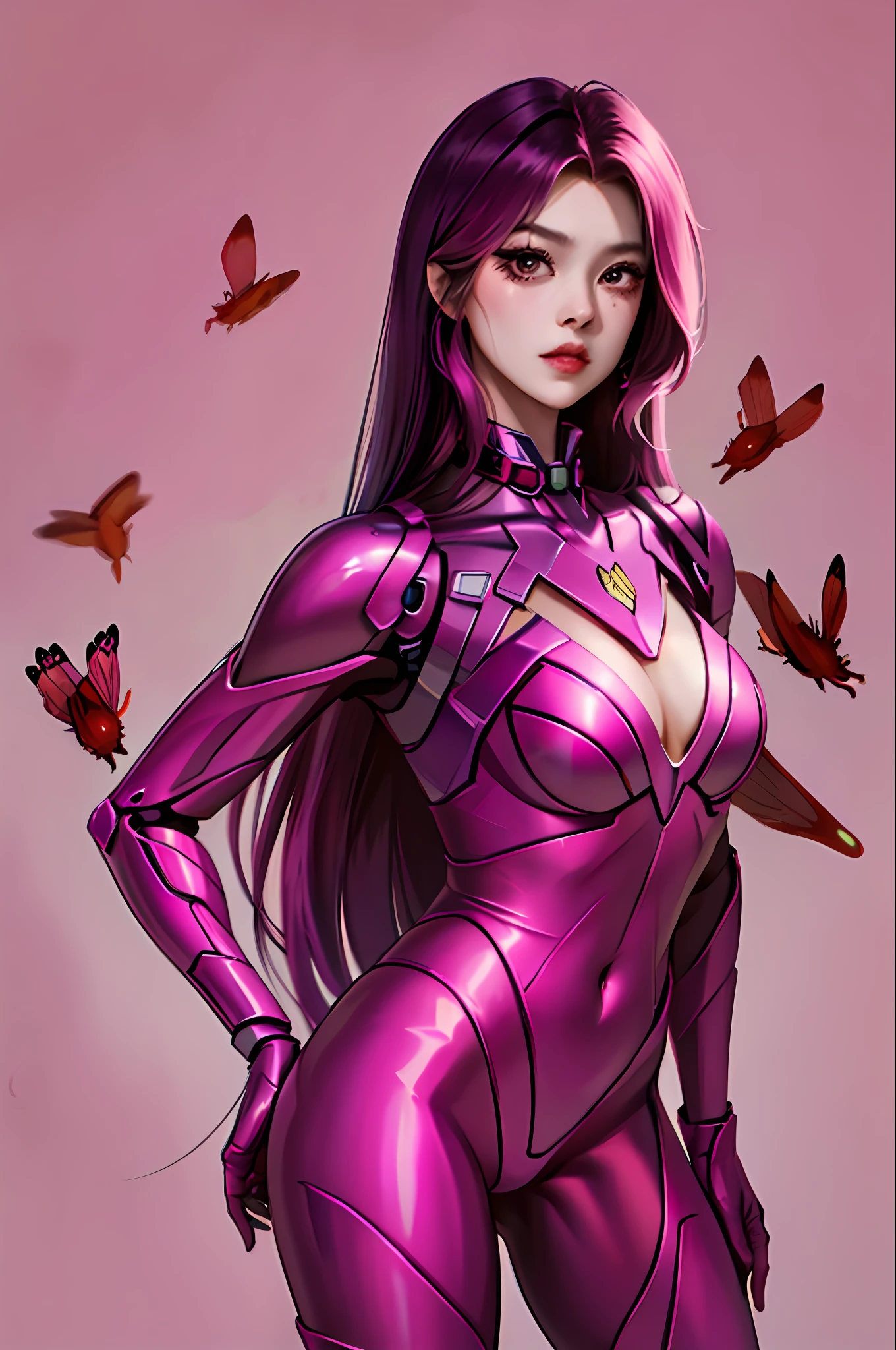 Cartoon photo of a woman in a magenta pink and purple costume、Hot insect humanoid female、Guyver Style、NSFW version、Akame、