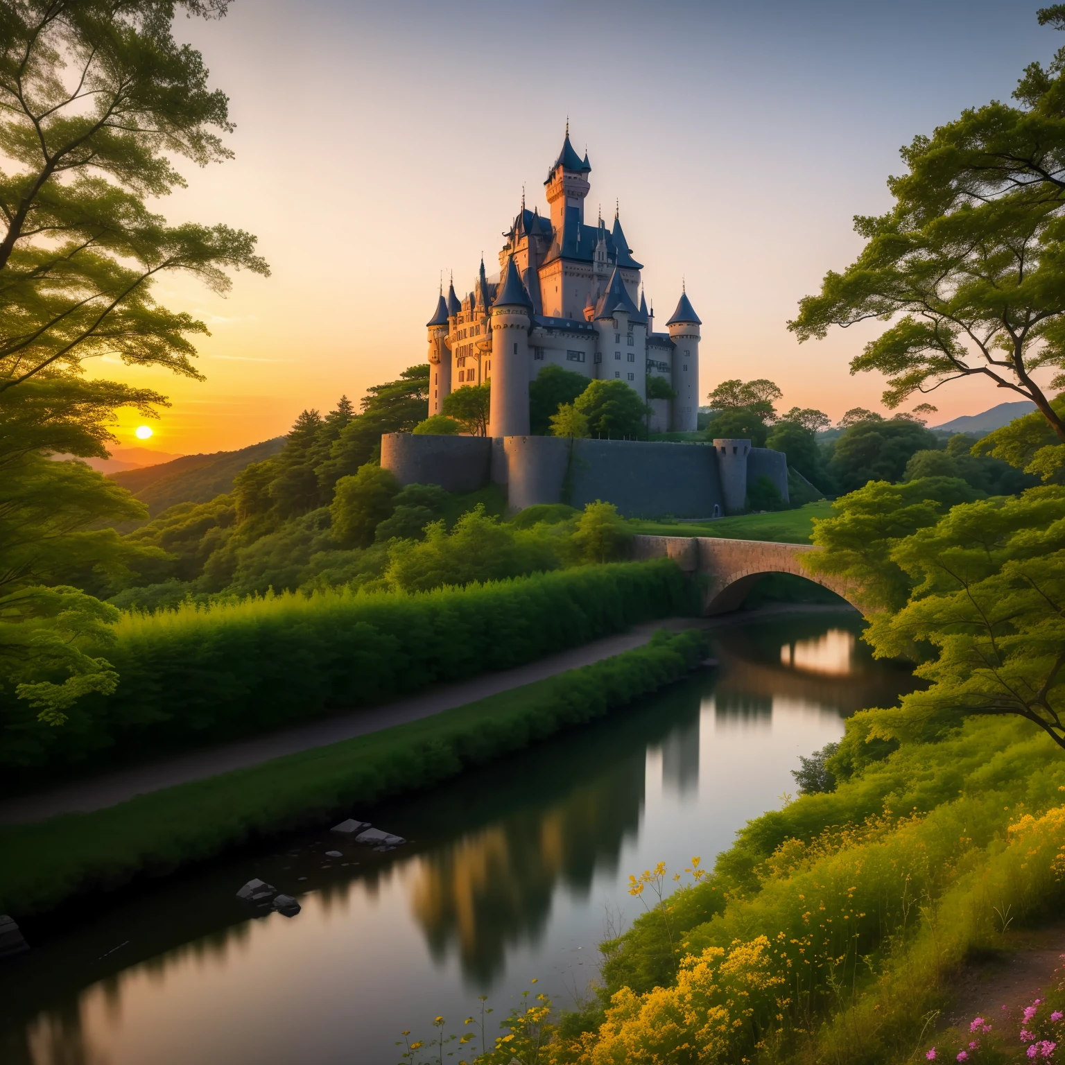 The castle looms in the forest,Bloom in the enchanting sunset。 --auto
