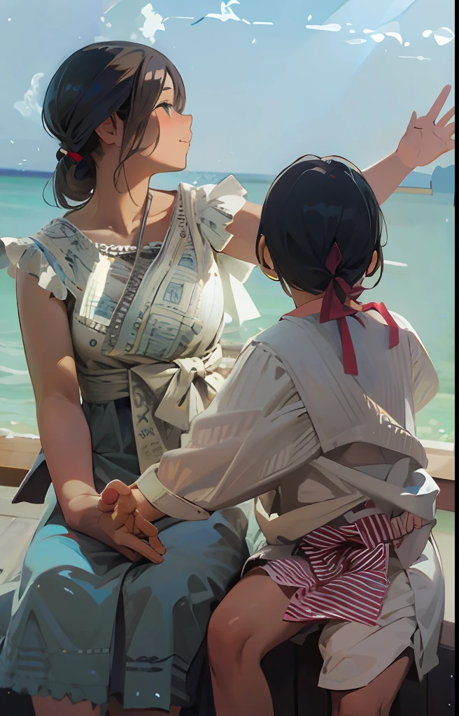 On the windowsill sat a woman and a , rays of sunshine,the sea,Light on the face,