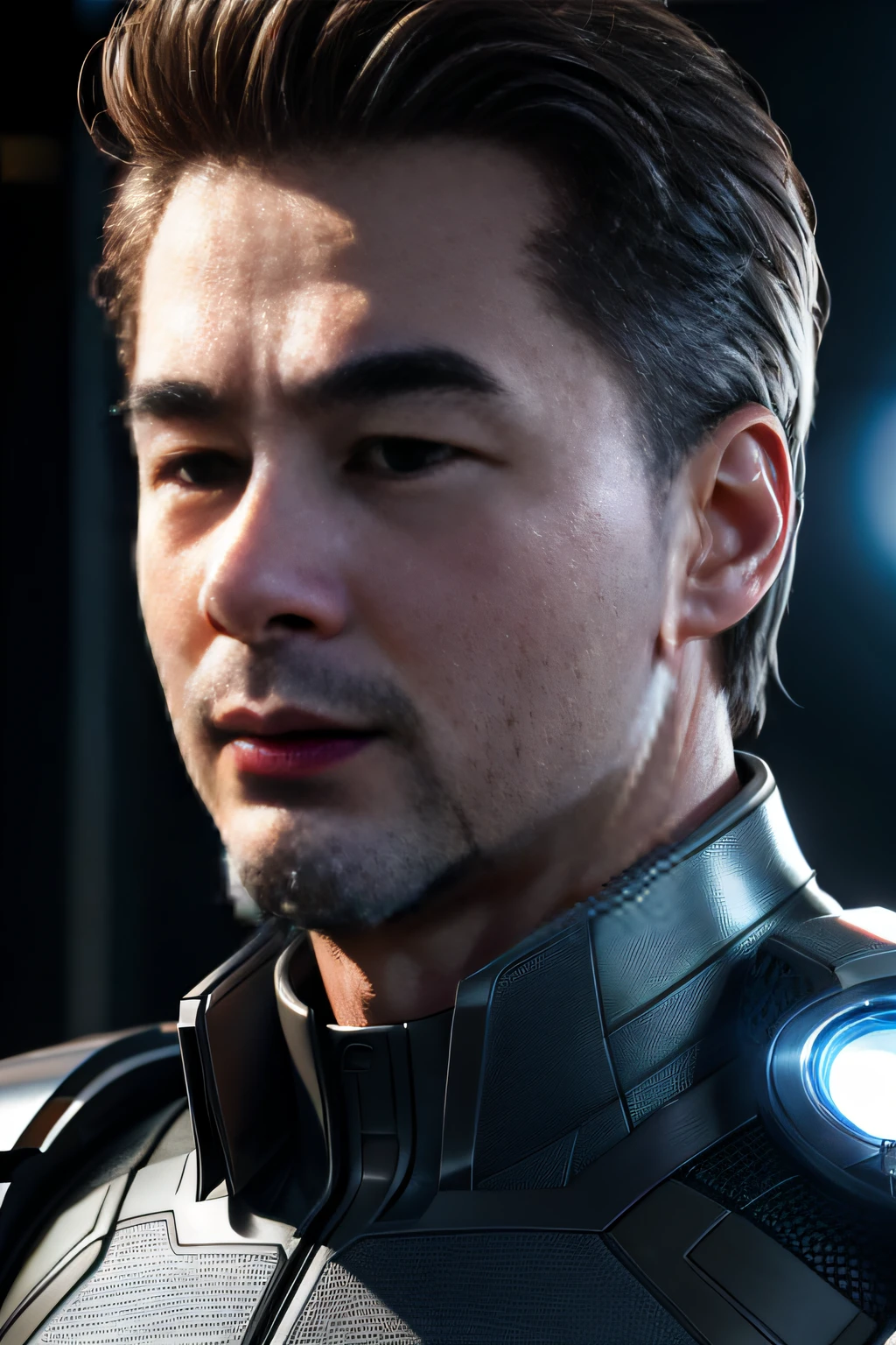 Marvel, Old man Tony Stark, realistically, dynamic lights, old, gray stubble, full shoot, (extremely detailed CG unity 8k wallpaper), trending on ArtStation, trending on CGSociety, High Detail, Sharp focus, dramatic, photorealistic