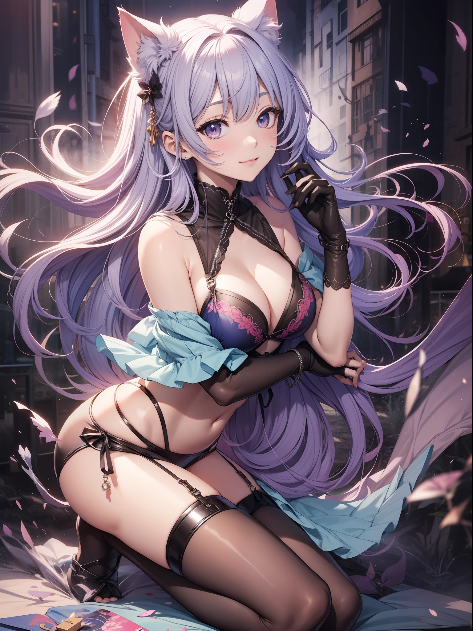 absurderes、ultra-detailliert、masterpiece、top-quality、BREAK、Official art、(Beautifully Aesthetic:1.2)、(watercolor paiting:Curly)、BREAK、Devilish Pretty Girl 1.2、a beauty girl、(kawaii:⒈3)、sixteen years old、BREAK、Colorful hair、Splash、(Mixed blue and pink hair:1.2)、(フラクタルアート1.3)、BREAK、Cat's ears、A sexy、(Cat gloves、Fluffy hands)、BREAK、Like a cat's paw、Short socks、humanoide、BREAK、a white bikini、BREAK、Red-eyed、BREAK、From Side、Look at viewers、BREAK、concert、BREAK、live、BREAK、Shyness、tension、red blush、Happy smiling face、BREAK、Showa gravure、BREAK、Kneeling、BREAK、