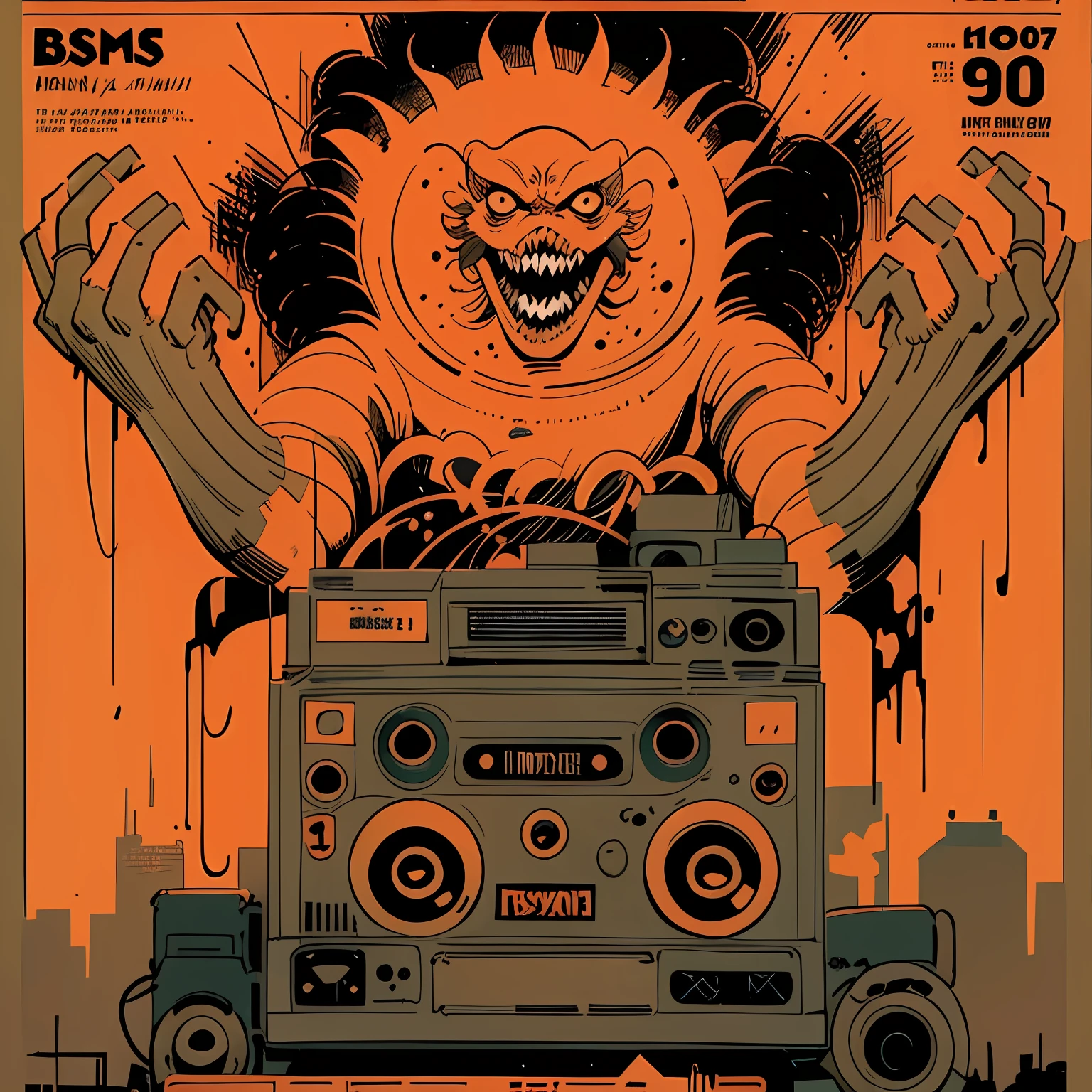 (((a monster creature)))), holding, a boombox with a radio, boombox, ghetto blaster, big ghetto blaster, tape deck, lofi hip hop, audio equipments, cassette, retro technology, nostalgic vibes, 1 9 6 0 s tech, radios, vintage, the 6 0 s, propaganda Poster, poster, Poster design, poster art style. 1970s, 1950s, 1960s, basic colour scheme, Very colourful poster, colour art, thirds rule, inspiring, 1970, lofi hip hop, high quality artwork, artwork, poster art style, promotional artwork, hiphop, 1 9 th, print, high quality wallpaper, poster artwork, style of shepherd fairey, in a retro or vintage style, reminiscent of classic advertisements or posters. Use warm and muted colors, capturing the nostalgic feel of vintage artwork This style should evoke a sense of nostalgia, illustration