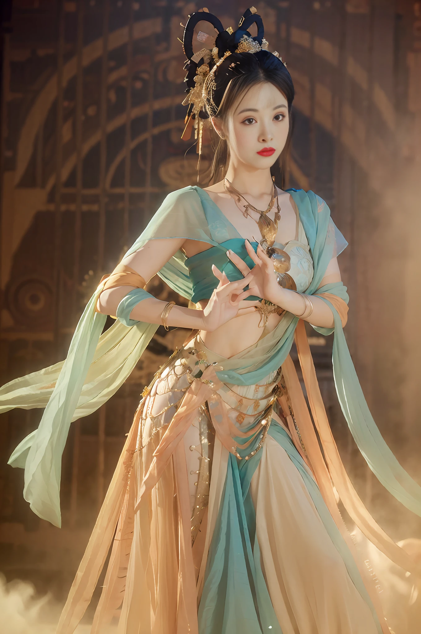 (8k, RAW photo, best quality, masterpiece:1.2), (realistic, photo-realistic:1.4), (extremely detailed CG unity 8k wallpaper), 1 girl solo, dance, dunhuang_dress, dunhuang_style, dunhuang_background,