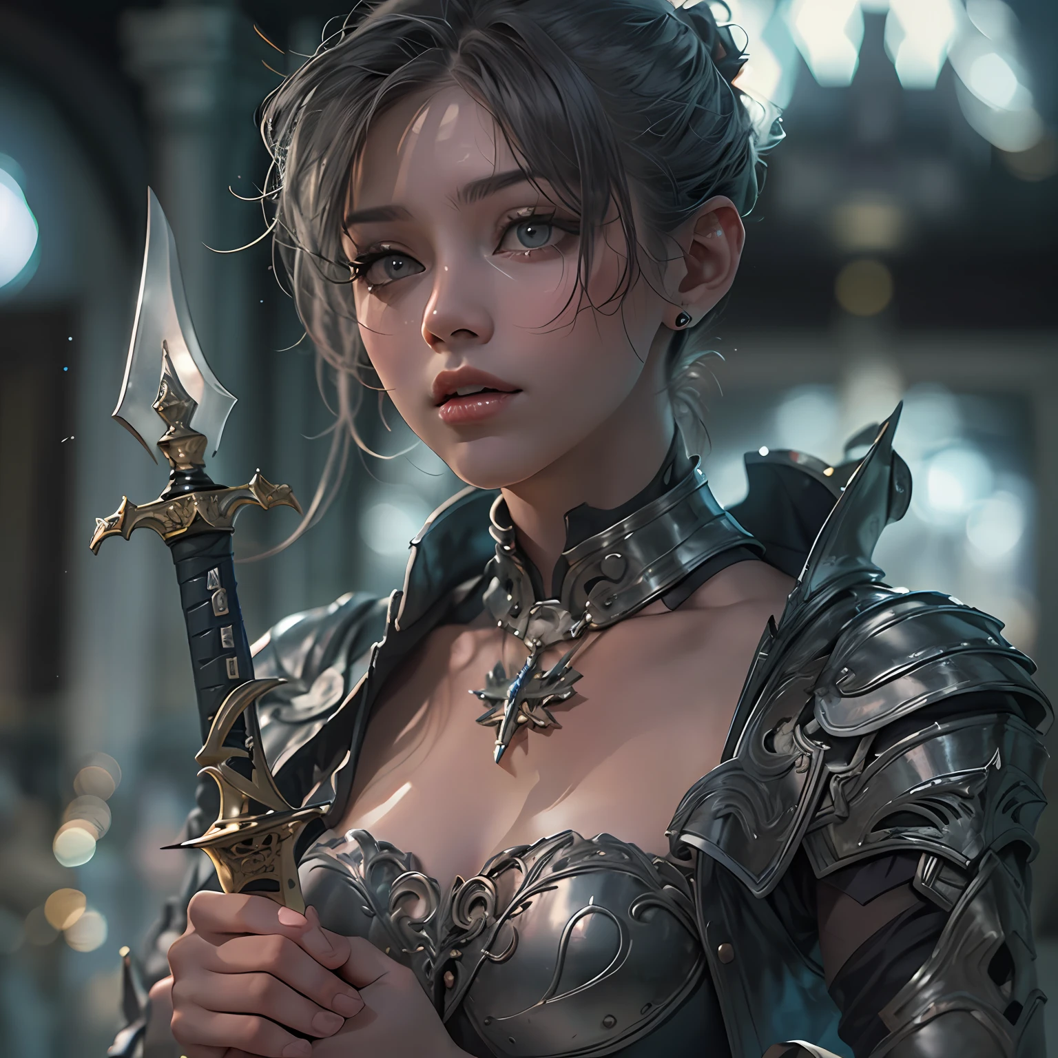 8k masterpiece, wallpaper, full height body potrait of a photorealistic beautiful short silver hairstyle with pigtails and buns seductress priest-knight, wearing beautiful detailed sci-fi headphones ,beautiful, very detailed beautiful face, intricate tattoes, gwith a long two-handed sword, holding a sword in two hands, model hair, in a beautiful very detailed magic room with flying bright glowing trails of energy, choker style colar, detailed face, full body,in very detailed beautiful sexy black dark intricate latex dress armor, sexy full body, beautiful eyes, lo-fi, future, Perfectly Centred, Hyper Realistic Cover Photo, High Definition, Cinematic, Smooth, Ultra High Definition, Ultra Sharp Focus, Intricate Artwork, Masterpiece, Epic, Stunning Realistic Photograph, Intricately Detailed, Cinematic, small top, ((1 sword)), 1 sword, megapixel cinematic lighting, anti-aliasing, fkaa, txaa, rtx, ssao, post processing, post-production, tone mapping, cgi, vfx, sfx, full color, volumetric lighting, hdr, realistic, 8k --v 4 --q 2 --stylize 1000 --q 2 0000 --q 2 0000 --s 2