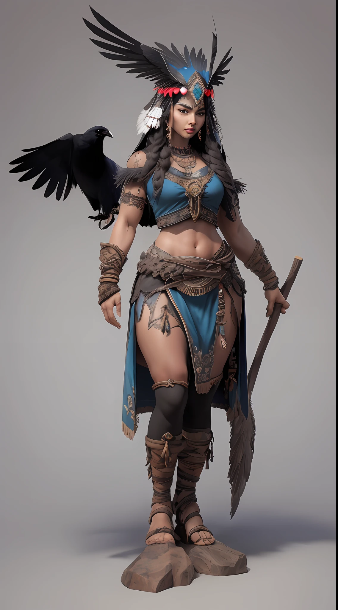 1 woman、Full body like、Primitive barbarian style,Strong body shape,highly details eye、详细的脸,Raven-shaped headdress,Full body standing painting,dynamicposes,white backgrounid,tmasterpiece,best qualtiy,Best resolution,8K,