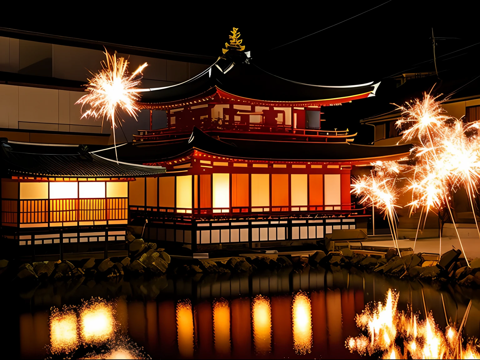 building、nighttime scene、kyoto、photoRealstic、sparklers