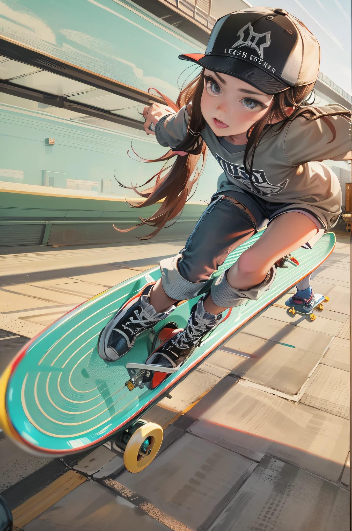 A cute 18-year-old woman wearing a cap backwards made a brilliant jump on a skateboard. Artistic, Conceptual Art, Glow, UHD, Retina, Masterpiece, Accurate, Anatomically Correct, Ultra Detailed, High Detail