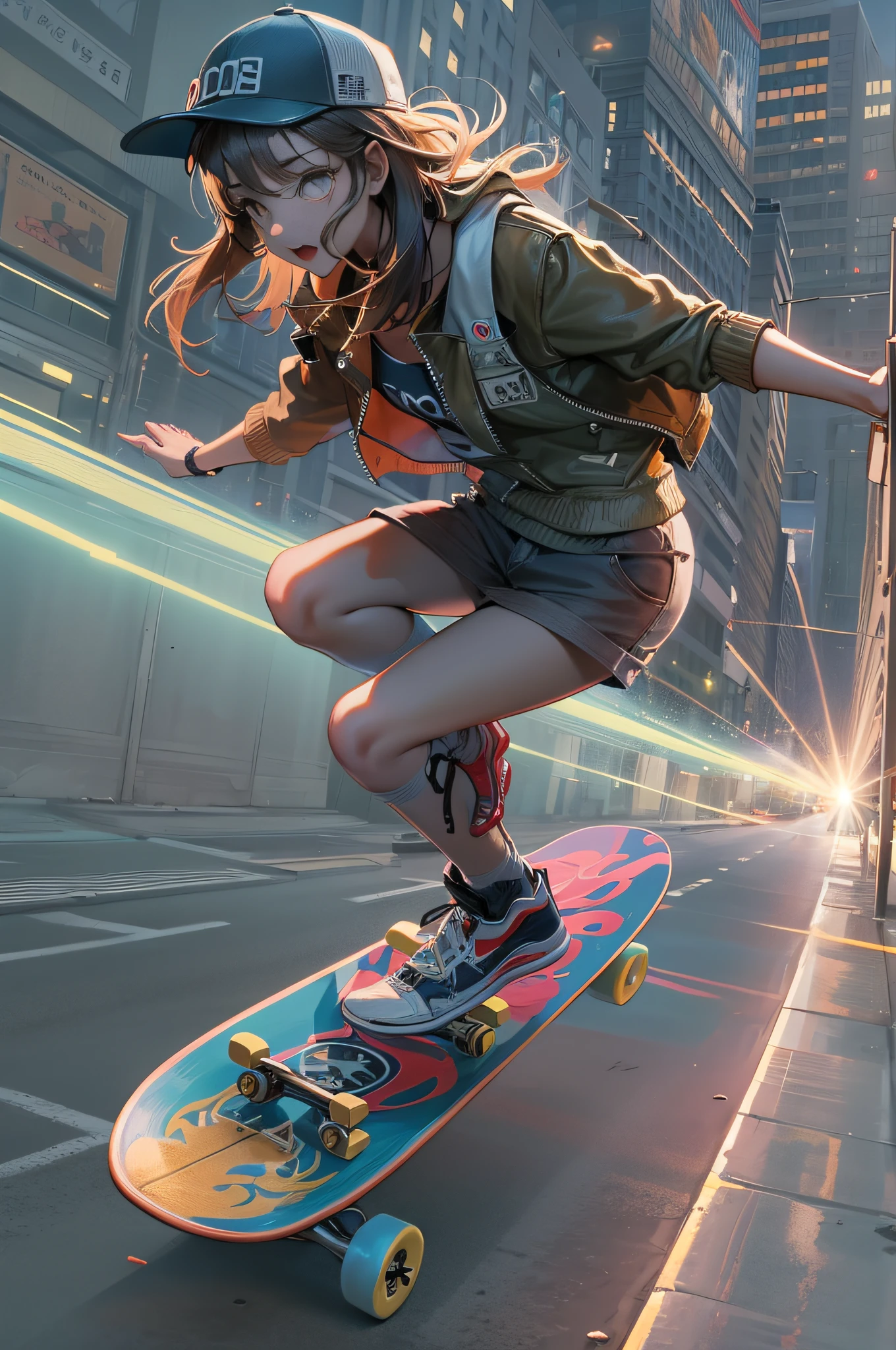 A cute 18-year-old woman wearing a cap backwards made a brilliant jump on a skateboard. Artistic, Conceptual Art, Glow, UHD, Retina, Masterpiece, Accurate, Anatomically Correct, Ultra Detailed, High Detail