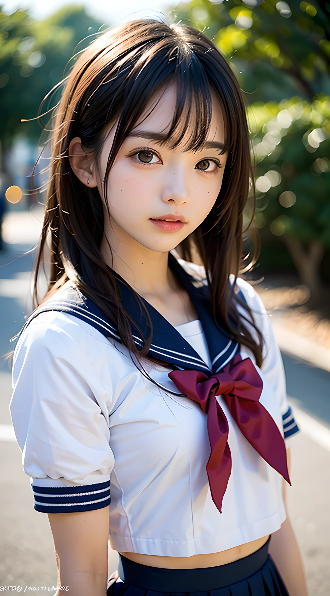 (masterpiece, best quality:1.2), 8k, official art, raw photo, incredibly absurdres, (upper body, sailor uniform, serafuku:1.4), beautiful girl, pretty face, arch back, navy pleated skirt, close up, school uniform, short sleeve, gardenia, violaceaess, teen, street, looking at viewer, film grain, chromatic aberration, sharp focus, facelight, dynamic lighting, cinematic lighting, detailed eyes and face, bokeh background, (1 dark red bow tie:1.2)