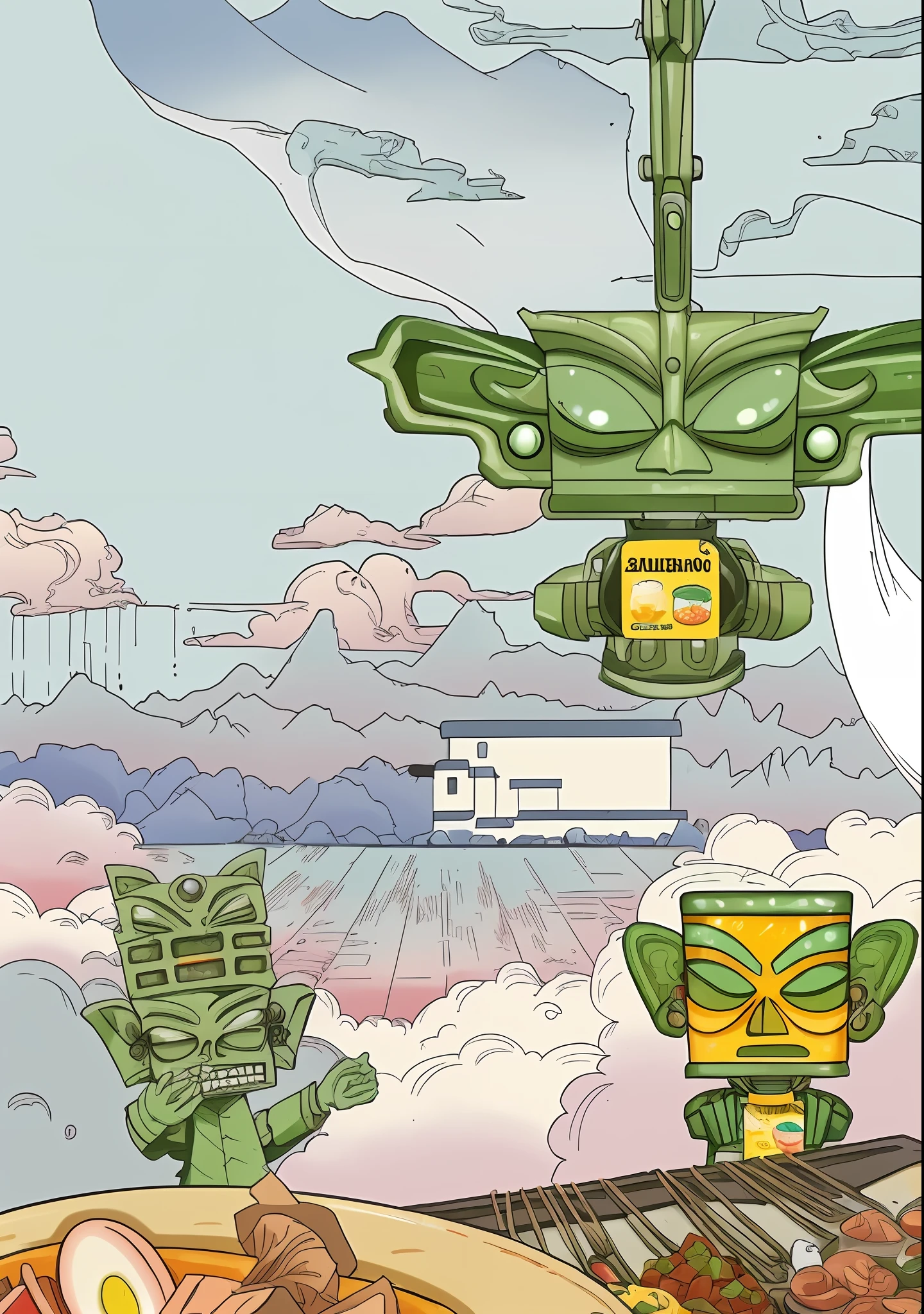 Mexican food scene with a cartoon with a large plate of food, Samsung heap,Watermelon cream throat moisturizer tablets inspired by Zodolovsky, author:Wayne England, Robot overlord in 3499, detailed cosmic angelic robot