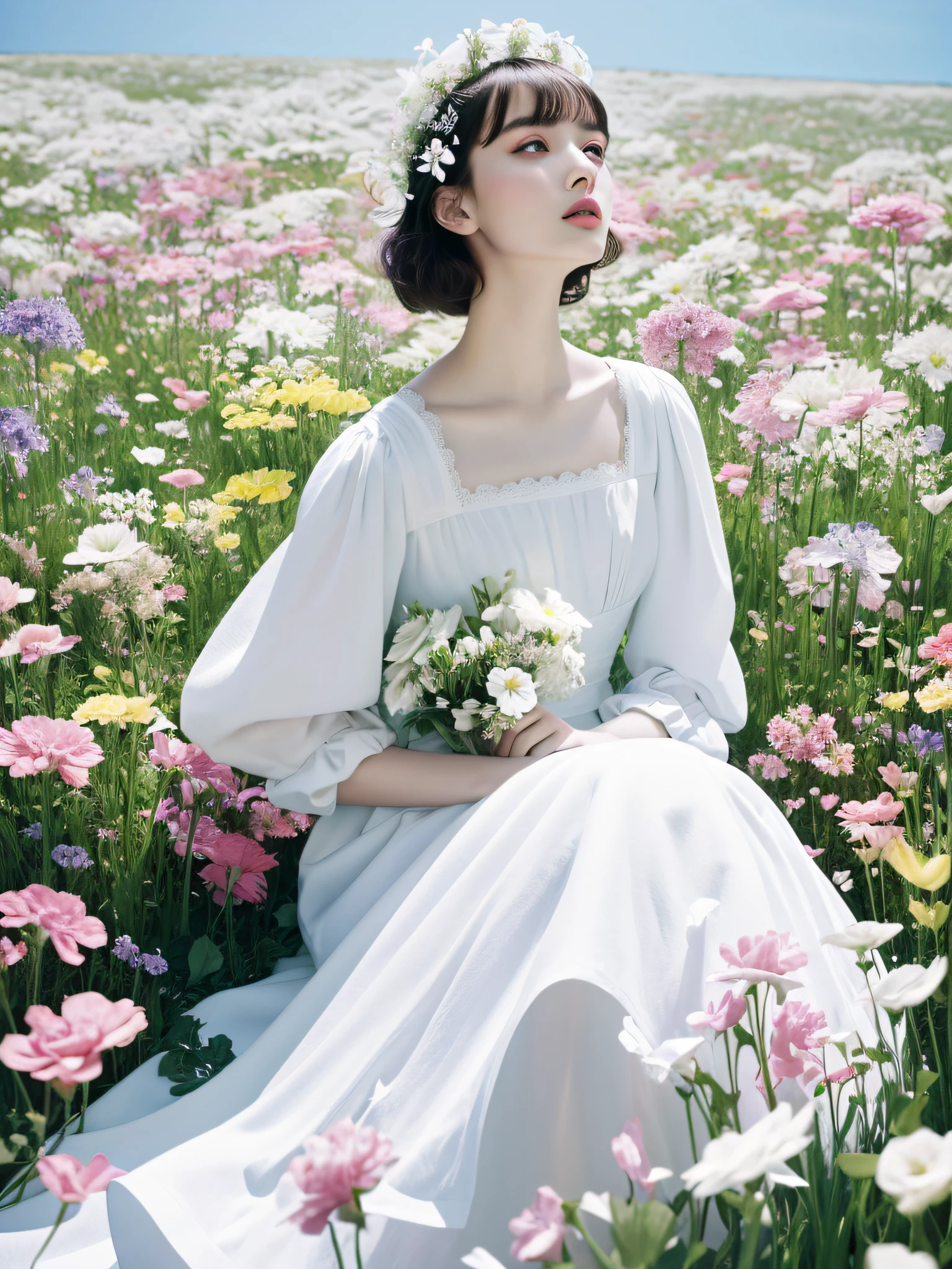 Alfid woman sitting in a flower field in a white dress, dior campaign, Tim Walker's style, official dior editorial, Dior magazine editorial, Tim Walker, official vuitton editorial, Nick Knight, Image from《vogue》Magazines, official valentino editorial, 《vogue》Official editorial, nico wearing a white dress, fashion editorial, 《vogue》Magazine editorial