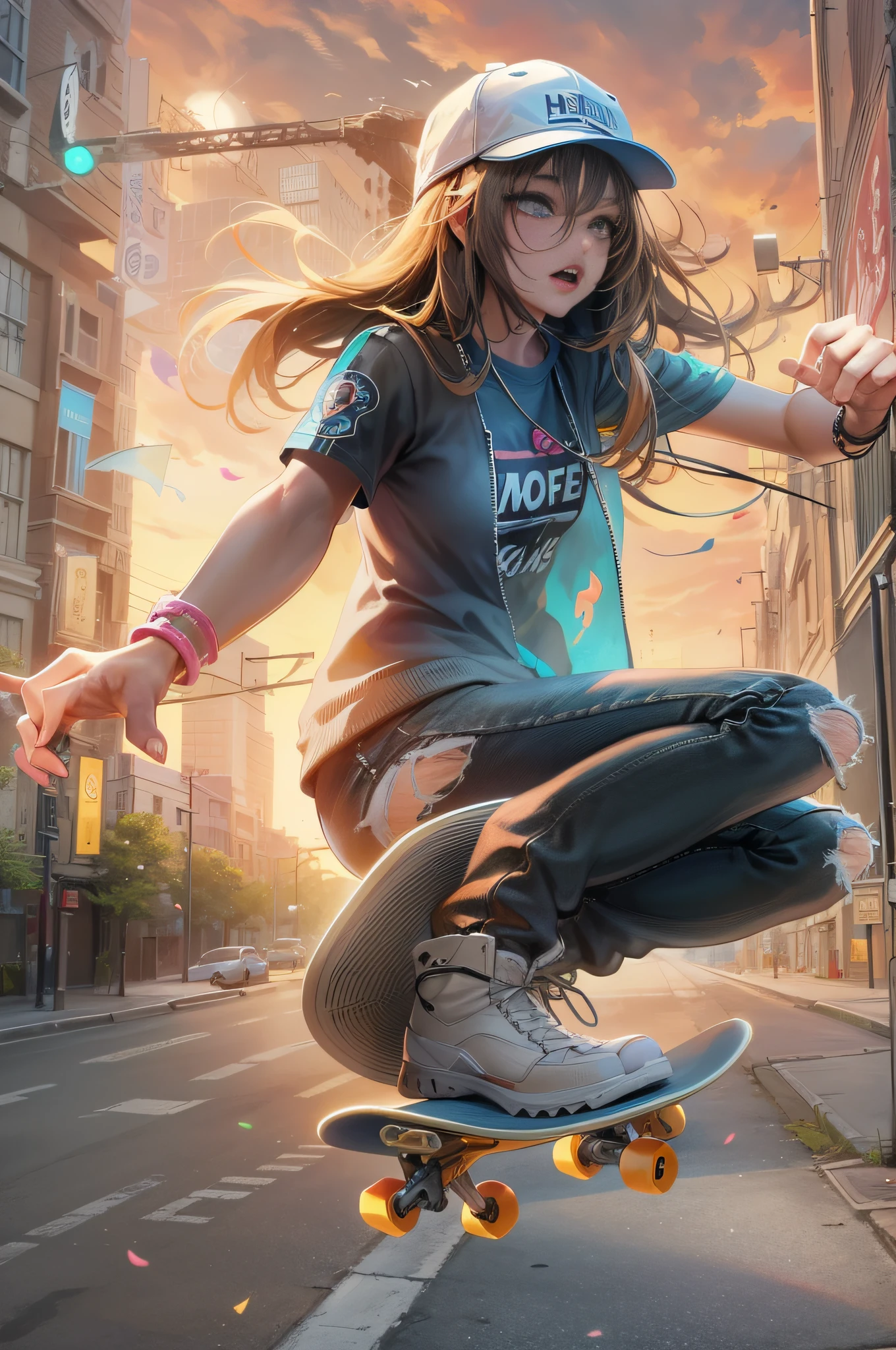 A cute 18-year-old woman wearing a cap backwards made a brilliant jump on a skateboard. Artistic, Conceptual Art, Glow, UHD, Retina, Masterpiece, Accurate, Anatomically Correct, Ultra Detailed, High Detail