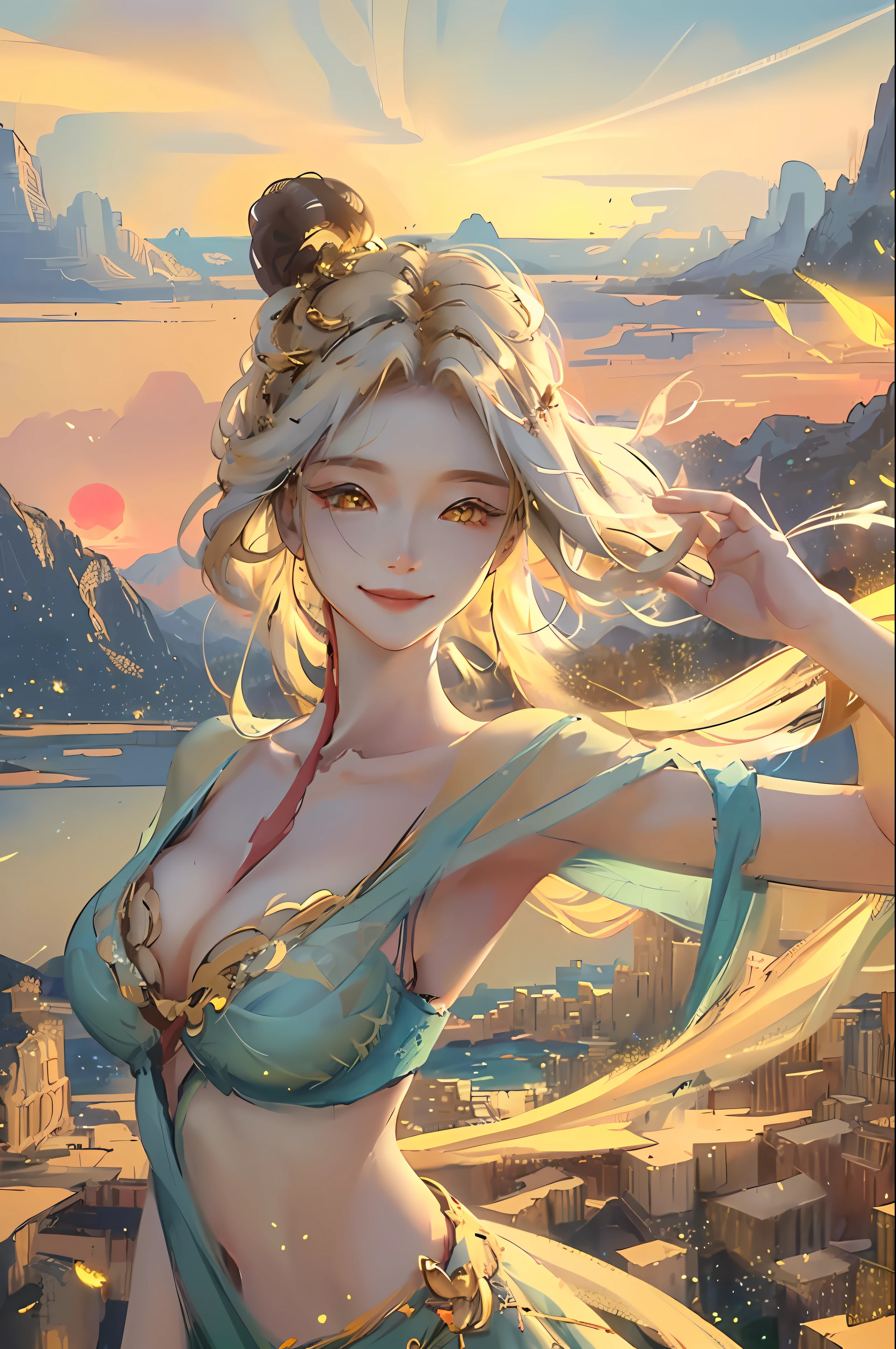 official art, masterpiece, sharp focus, (beautiful gorgeous woman:1.3), (Elegant Lady:1.3), korean beauty, Delicate and beautiful hair and eyes and face, realistic, ultra detailed, beautiful girl, blue sky, glow white particle, (sidelighting:1.2), sun light, white cloud, detailed clouds, slender, Lovely very large breasts and very large hips, smile with teeth, ((smile with eyes, open both eyes)), scenery, long straight hair, sexy facial expression, building, (landscape:1.7), dynamic hair, long straight hair, detailed white hair, glow yellow eyes, ( Chinese HuXuan Dancer), Silk, Silk Road, pale skin, upper body, looking at viewer, golden hair ornament, epic scenery,