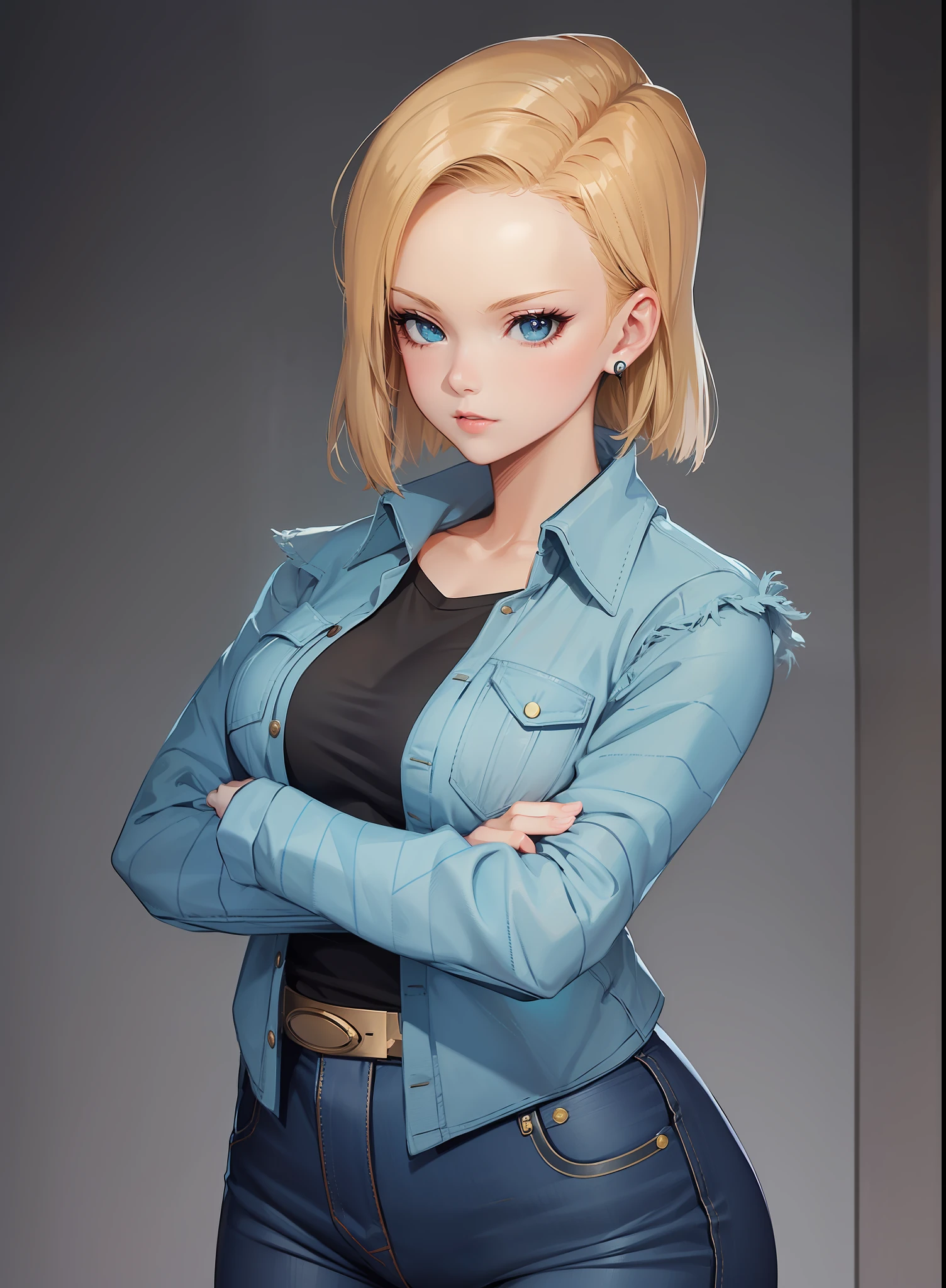 Anime - Stylistic image of a woman in a denim vest and jeans, Android 18, Female protagonist 👀 :8, annie leonhart in a neon city, Female protagonist, high detailed official artwork, Realistic anime 2 d style, full body portrait of a short!, looking like annie leonhart, highly detailed exquisite fanart, annie leonhart, anime style character, urban girl fanart