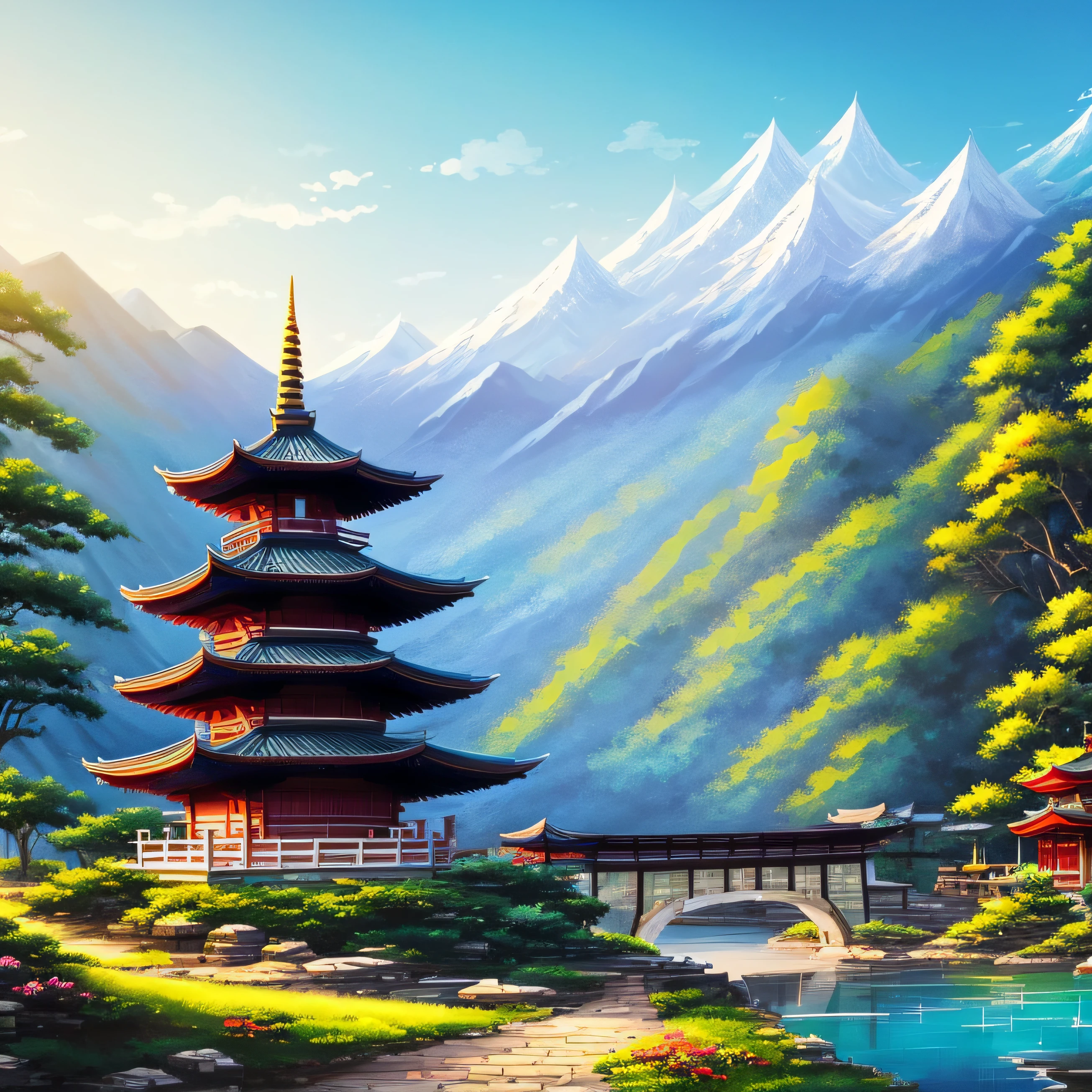 a pagoda and a bridge in the mountains, digital painting of a pagoda, environment painting, digital painting concept art,white background,ink, anime scenery concept art --auto