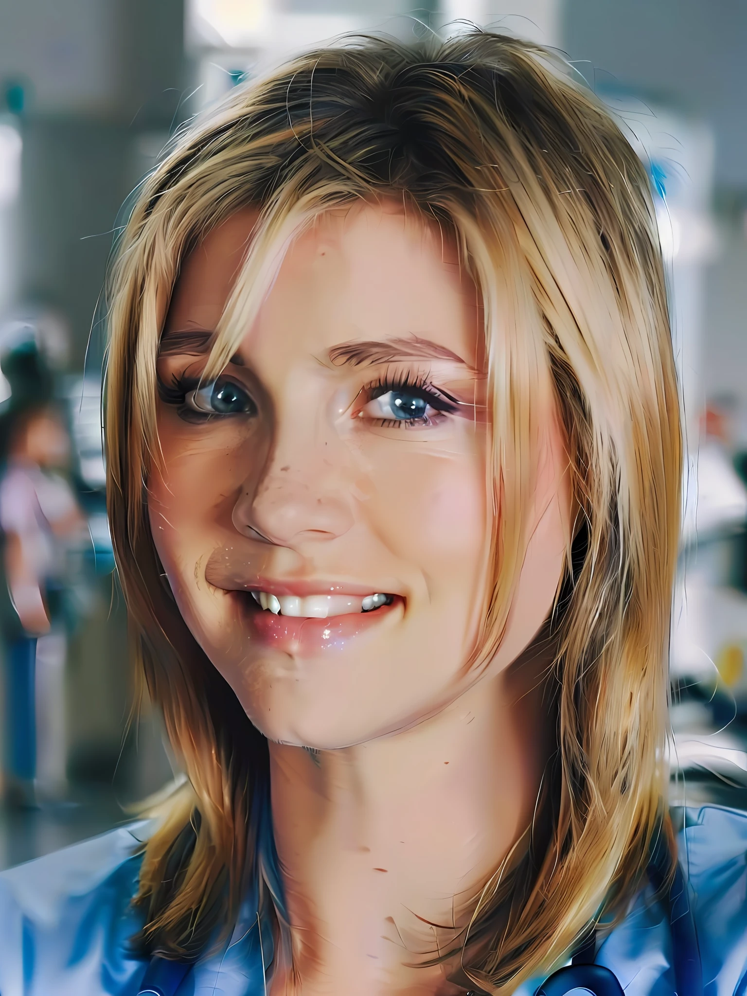 cinematic film still, foto de cuerpo entero de la joven Sarah Chalke, sonriente, Usar exfoliantes, ((Detailed facial features)), (hospital:1.2), (cold colors), Detalles intrincados, cinematic lighting, Reflexiones, fotografiado con una EOS R5 de Canon, Lente de 50 mm, f/2.8, HDR, 8K resolution, ((cinematic film still from Scrubs))
