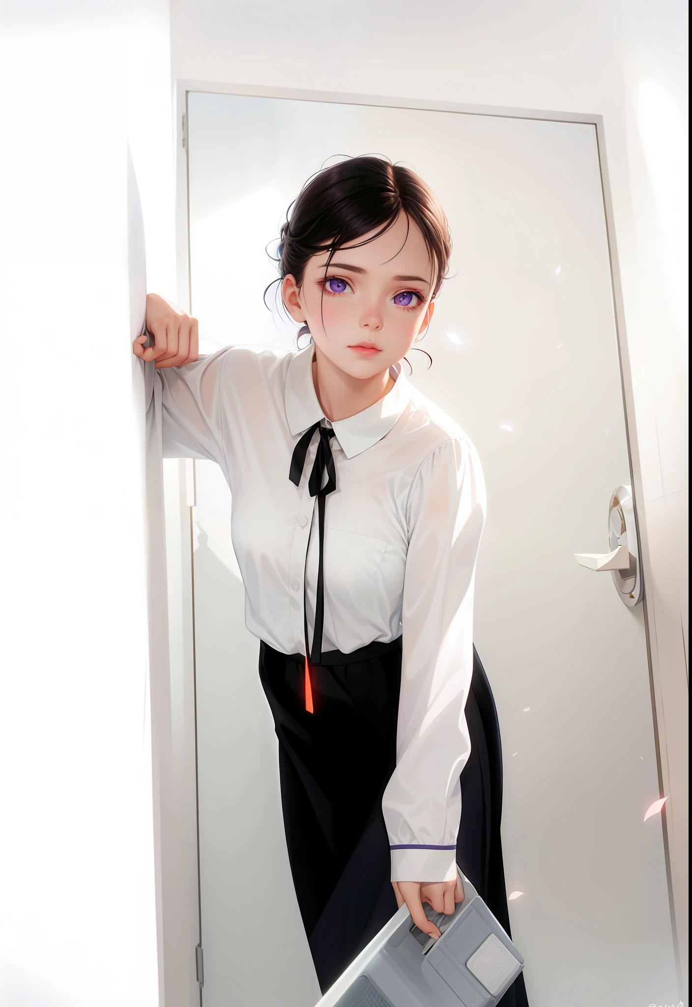 realisticlying,1girl,Purple eye,glowing light eyes,Cut the top,a skirt,parted lip,Be red in the face,the night,fresh flowers,suns,rays of sunshine,