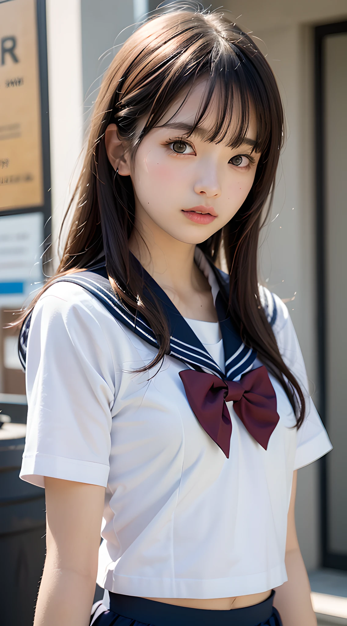 (masterpiece, best quality:1.2), 8k, official art, raw photo, incredibly absurdres, (upper body, sailor uniform, serafuku:1.4), beautiful girl, pretty face, arch back, (navy pleated skirt:1.1), close up, school uniform, short sleeve, gardenia, violaceaess, teen, street, looking at viewer, no makeup, film grain, chromatic aberration, sharp focus, facelight, dynamic lighting, cinematic lighting, detailed eyes and face, bokeh background, (dark red bow tie:1.3)
