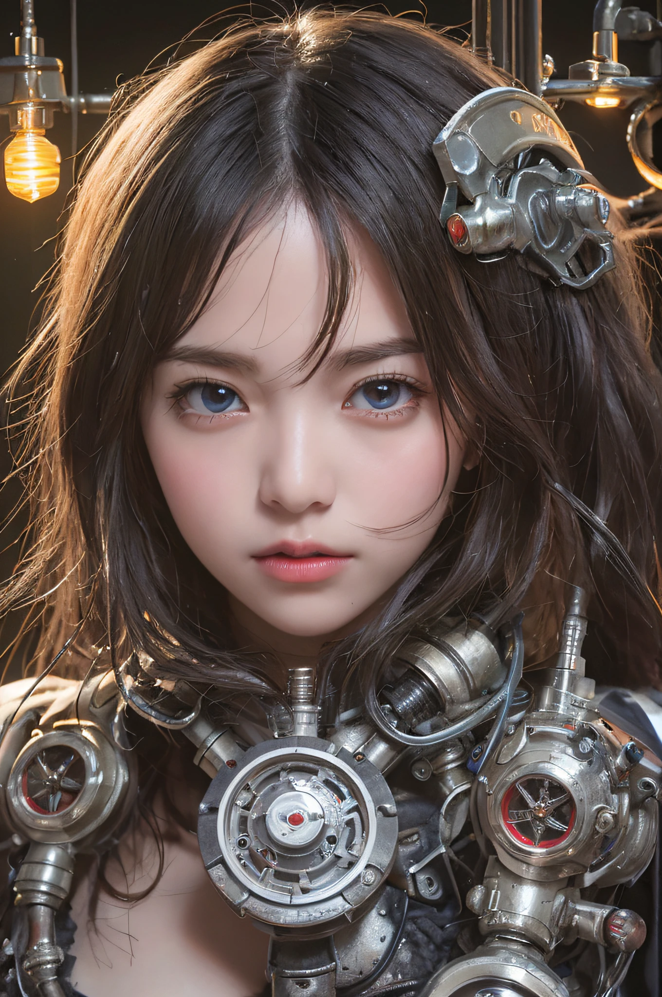 Blush,Top quality, Masterpiece, 超高分辨率, (Photorealistic: 1.4), RAW photo, 1 girl, Black hair, Glossy glossy skin, 1 mechanical girl, (hyper realistic detailed)), Portrait, Global illumination, Shadows, Octane rendering, 8K, ultrasharp, Big, Cleavage Exposed Raw Skin, metal, Detail of Intricate Ornaments, Steampunk details, vacuum tubes, nixie tubes, oil pressure gauges, glass tubes, analog meters, (gear wheel), Hydraulic cylinder, very complex details, Realistic light, CGSoation trends, Purple eyes, Glowing eyes, Facing the camera, neon light detail, Mechanical limbs, blood vessels attached to the tube, Mechanical vertebrae attached to the back, mechanical cervical attachment to the neck, Sitting, wires and cables connecting to head, gundam, (Small LED lamps:1.5),neonlight,(Soviet fluorescent tubes)