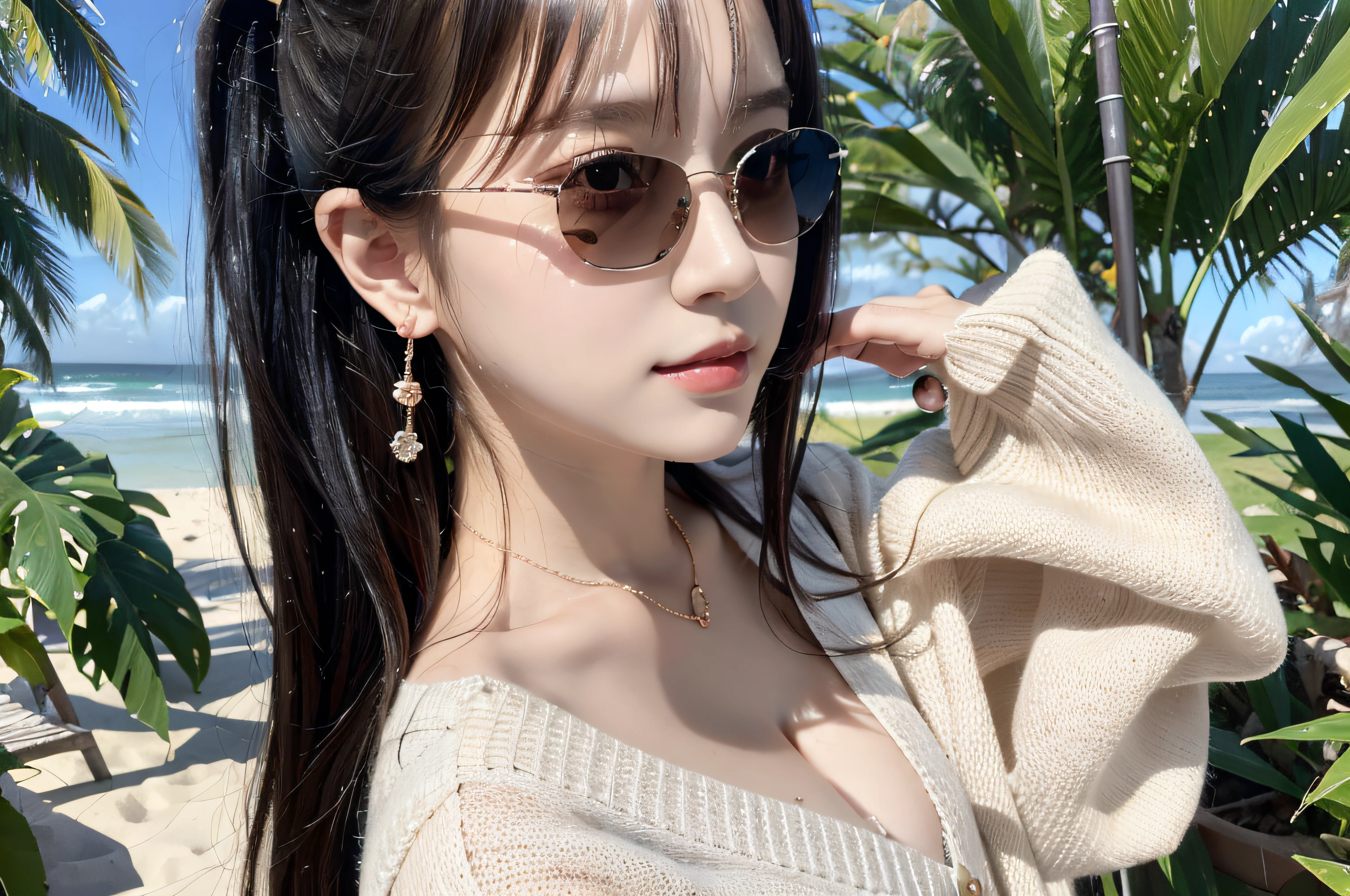 (high-school sweater:1.4), (innocent and classy girl:1.3), (Double ponytail hairstyle,cabelos preto e longos), Very detailed face and skin texture, Detailed black eyes, 二重まぶた, Pale cheeks, Glossy glossy skin, Moist eyes:1.2, Shiny little neckless and earrings, Glossy lips:1.4, White skin of the:1.2, (from above distance: 1.3)), (sweetsmile:1.2), (looking at viewert), (tiny mouth:1.2),(Walking by the beach:1.2),sunglasses on head,Full body photo,