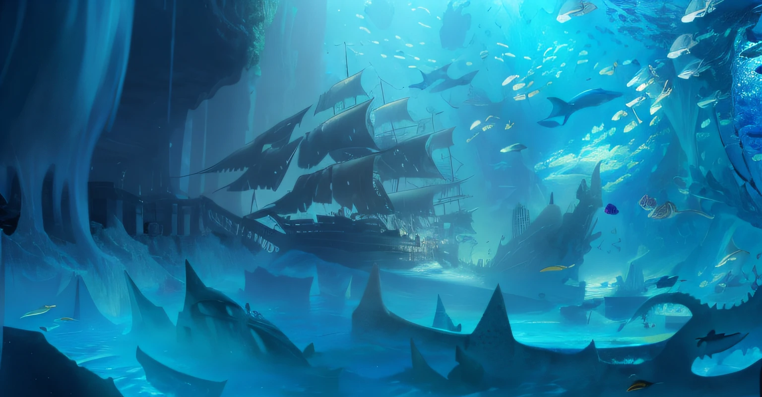 There is a shipwreck in the water,Sea monsters and treasures in the background,concept art stunning atmosphere, Stunning! concept-art, fantasy sea landscape, undersea environment, stunning concept art, Concept art wallpaper 4K, dramatic concept art, deep sea landscape, painterly concept art, High quality digital concept art, League of Legends concept art, beautiful concept art, ocean floor