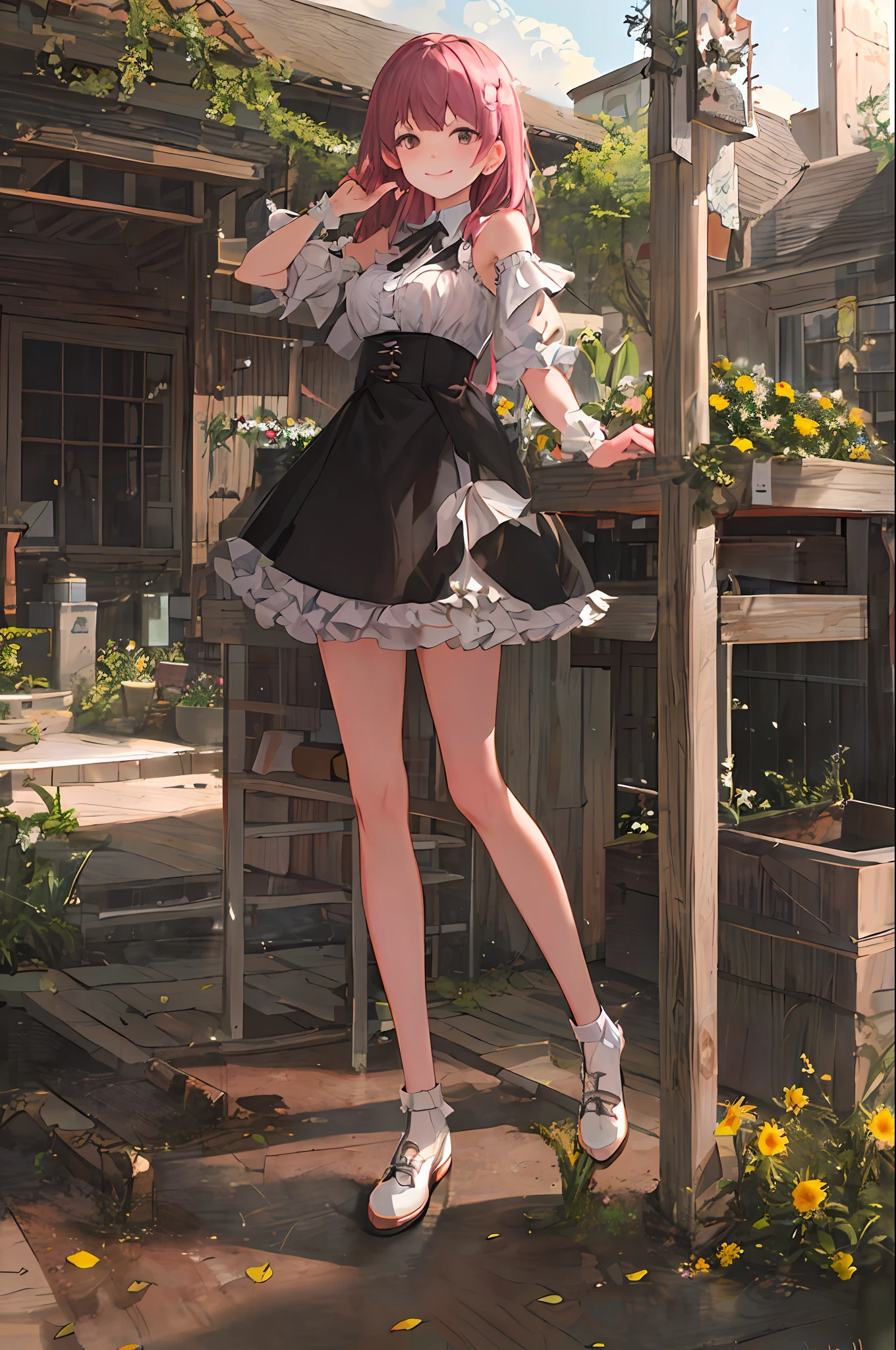 Masterpiece grade CG,The best image quality and detail,Photo-level realism(1.4)。(1girl),Wearing a pink dress,Shoulders slightly exposed,The skin is delicate and radiant,With a smile,In the garden,Surrounded by yellow daisies,Slightly look up at the bright sky,The picture is painted in an artistic thick paint style,Softer luminosity,4 k hd wallpaper,Better volumetric cloud effect。