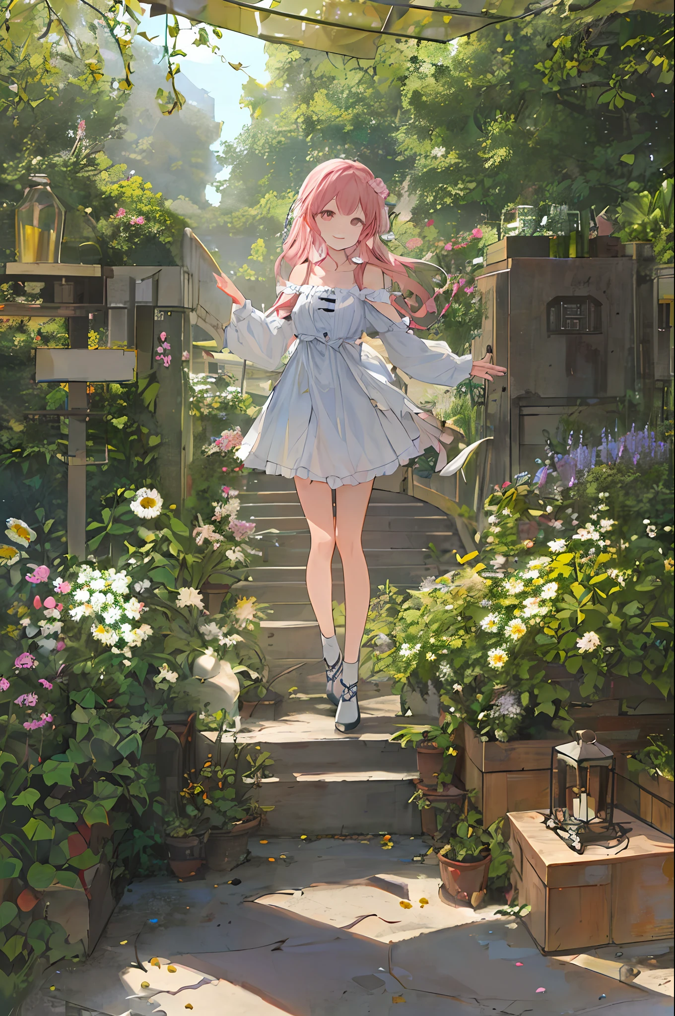 Masterpiece grade CG,The best image quality and detail,Photo-level realism(1.4)。(1girl),Wearing a pink dress,Shoulders slightly exposed,The skin is delicate and radiant,With a smile,In the garden,Surrounded by yellow daisies,Slightly look up at the bright sky,The picture is painted in an artistic thick paint style,Softer luminosity,4 k hd wallpaper,Better volumetric cloud effect。