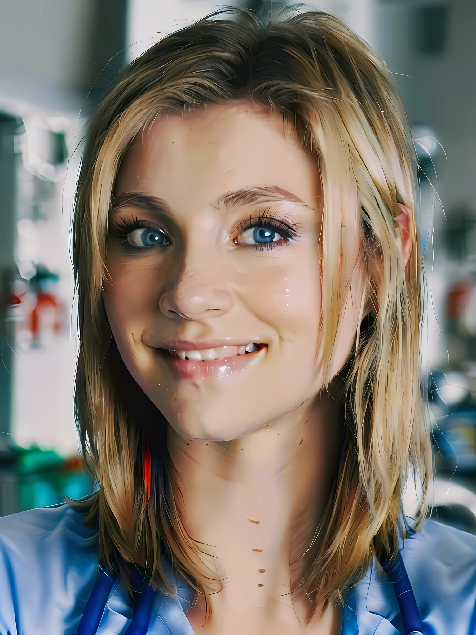cinematic film still, foto de cuerpo entero de la joven Sarah Chalke, sonriente, Usar exfoliantes, ((Detailed facial features)), (hospital:1.2), (cold colors), Detalles intrincados, cinematic lighting, Reflexiones, fotografiado con una EOS R5 de Canon, Lente de 50 mm, f/2.8, HDR, 8K resolution, ((cinematic film still from Scrubs))