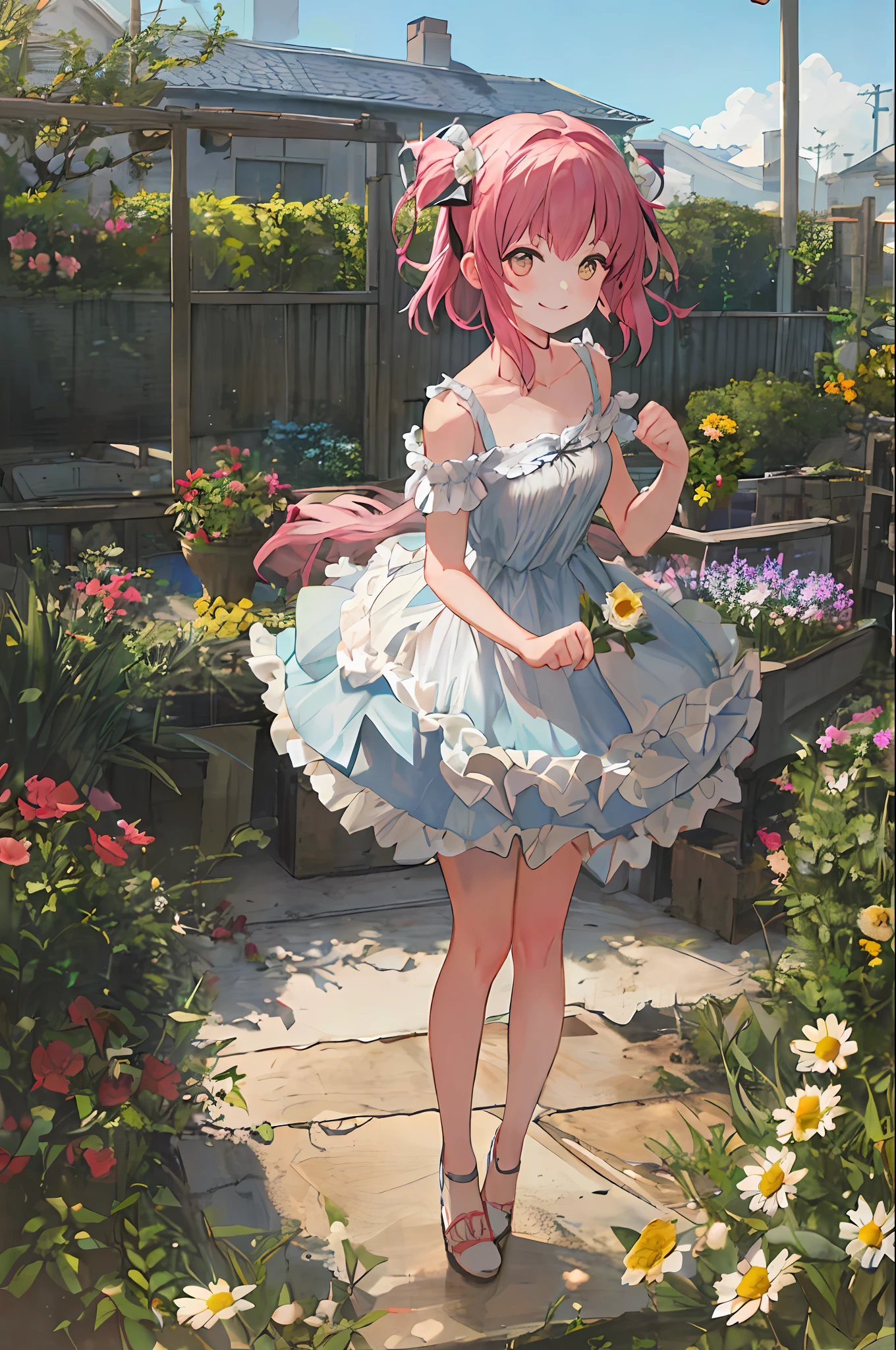 Masterpiece grade CG，The best image quality and detail，Photo-level realism（1.4）。（1girl），Wearing a pink dress，Shoulders slightly exposed，The skin is delicate and radiant，With a smile，In the garden，Surrounded by yellow daisies，Slightly look up at the bright sky，The picture is painted in an artistic thick paint style，Softer luminosity，4 k hd wallpaper，Better volumetric cloud effect。