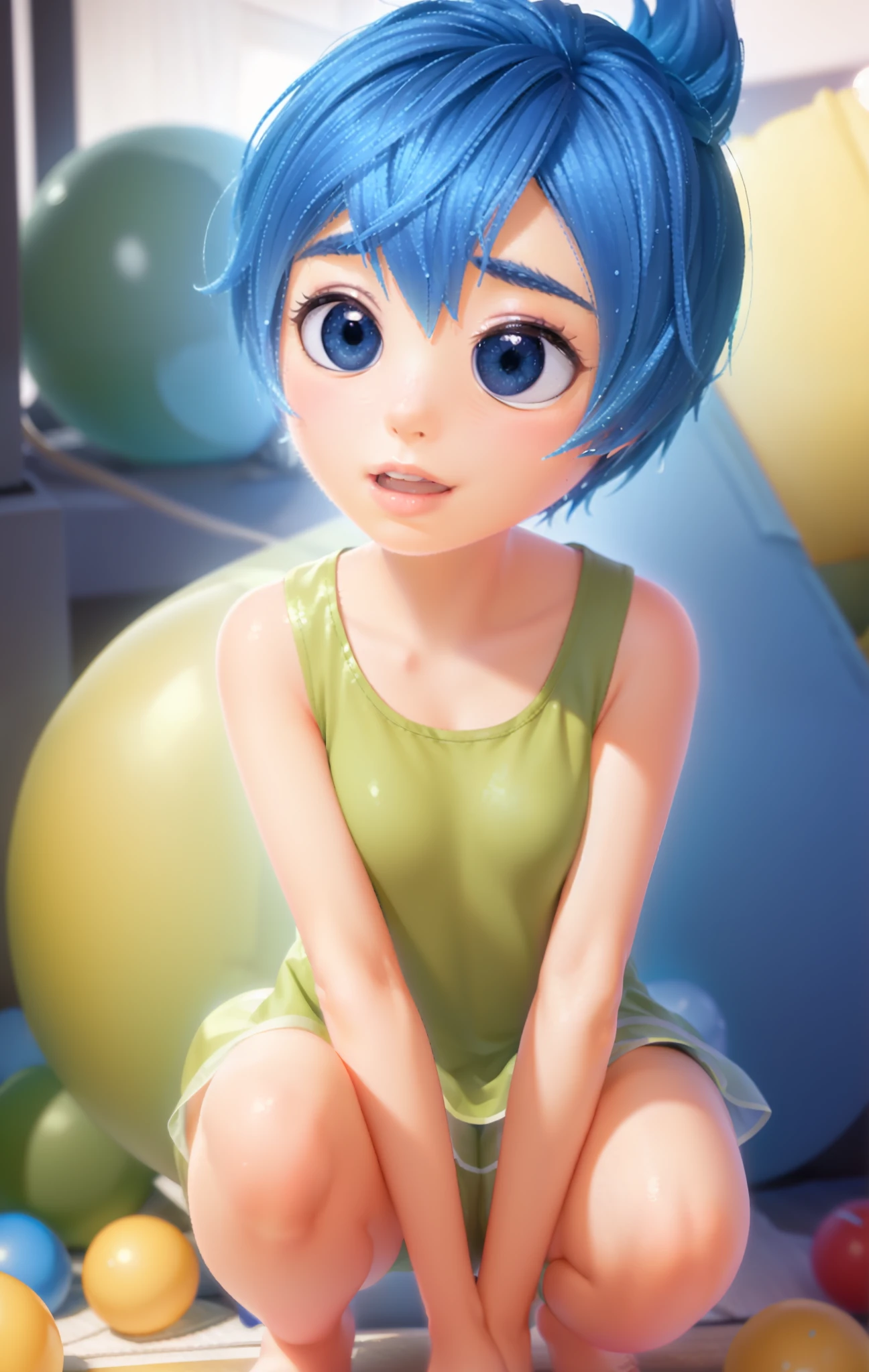 Masterpiece, Best Quality, (joying_Inside out, yellow skin, in the ball pit, Luminous spheres, ),  Happy, wet transparent Mini Green Dress,  Pixar, cartoony, 3D Rendering, little chest, sexy expression, flirty, bare footed, view between legs, panty, showing panties, panties visible, sitting, spread legs, ((masterpiece)),((best quality)),absurdres, 1girl, 1boy, squatting cowgirl position, pov, sunlight, (half-closed eyes:0.4), (parted lips:1.4), (nose blush:1.2), light smile, breasts visible, showing breasts