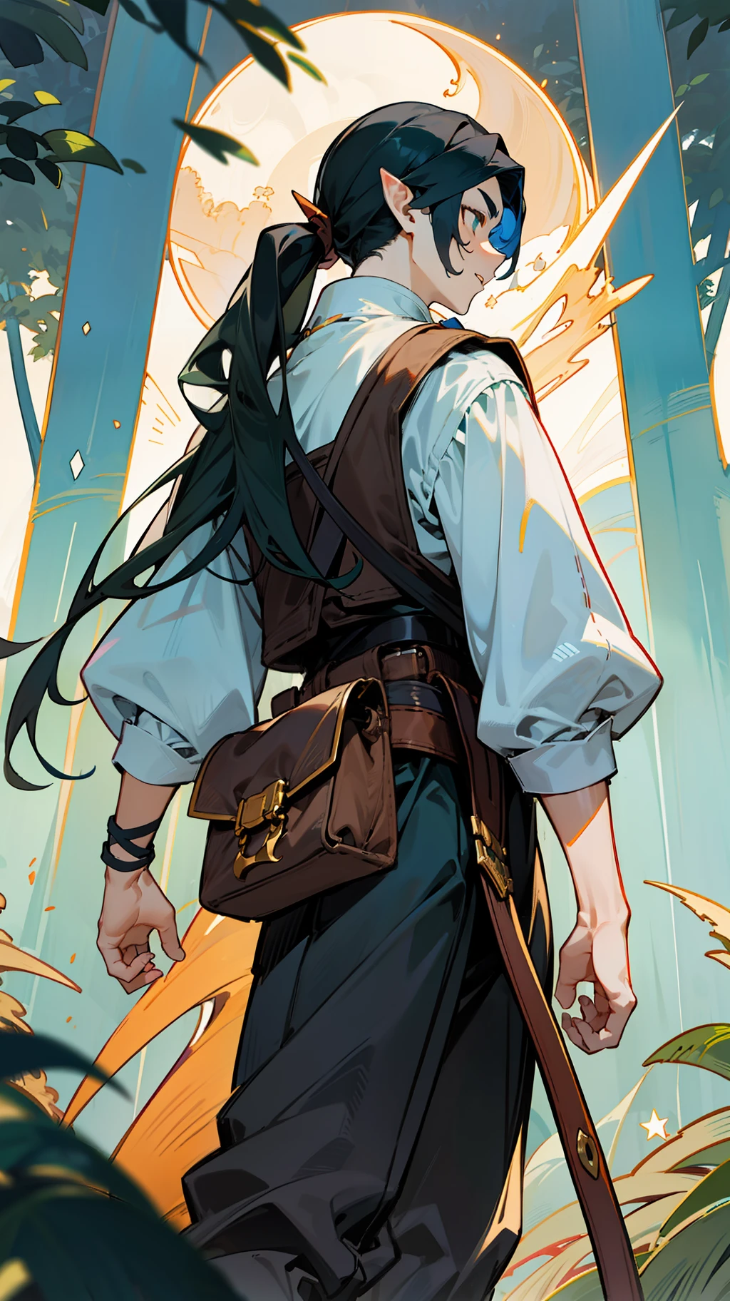 He's a moon elf! a tall young man, his face is pale, with shades of blue, his ears are sharp. The eyes are green, shining with a golden glow in the dark. His long black hair is tied in a low ponytail at the back of his head. His expression is alert, his lips are closed, his eyebrows are tense, he looks around. The guy is hunting, a quiver with arrows hanging on his back, in his hands he clutches a long bow. He is wearing a white shirt with voluminous sleeves, a brown vest, a wide belt with a waist bag, black trousers tucked into high laced boots. On the background - dark forest, trees, tall pines and night