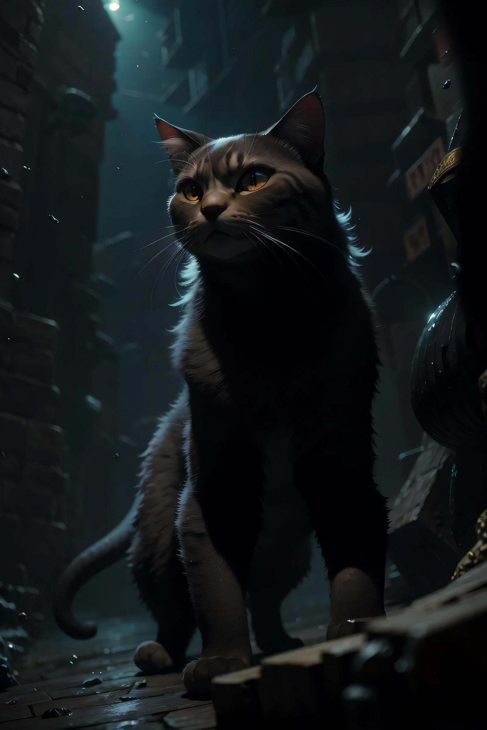 ultra wide angle, in focus, epic background, gorgeous lifelike, moody, dynamic pose of a fish, cat, the full and whole body, full length shot, hyper details, lighting art, cinematic, insane details, intricate details, hyperdetailed