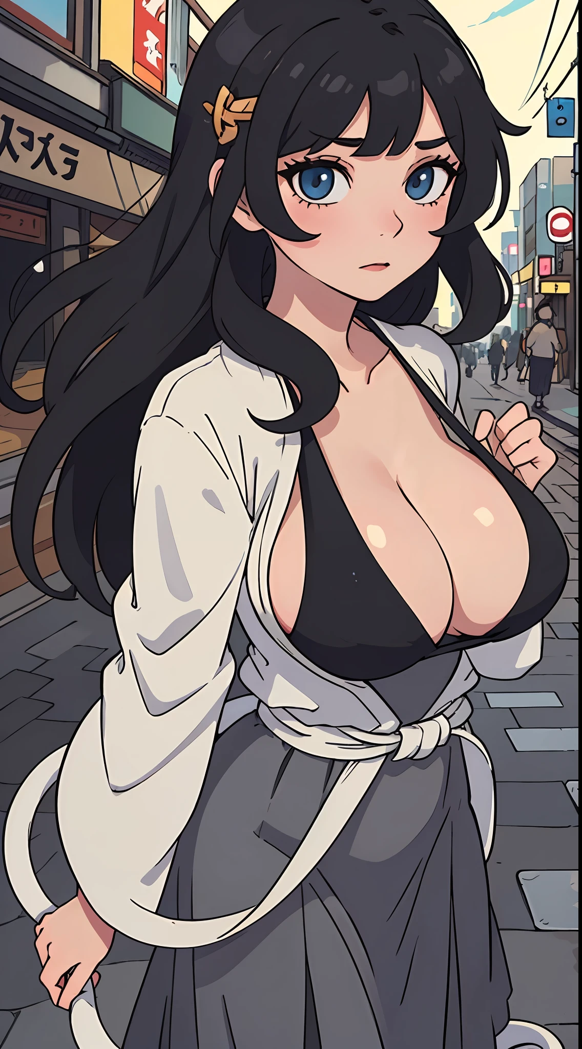 woman,Japanese hairstyle,Black color hair,huge boob,Gray stepmother dress,Skirt that wraps hips,Seductive eyes,Bustling streets,Coiled hair,Air bangs