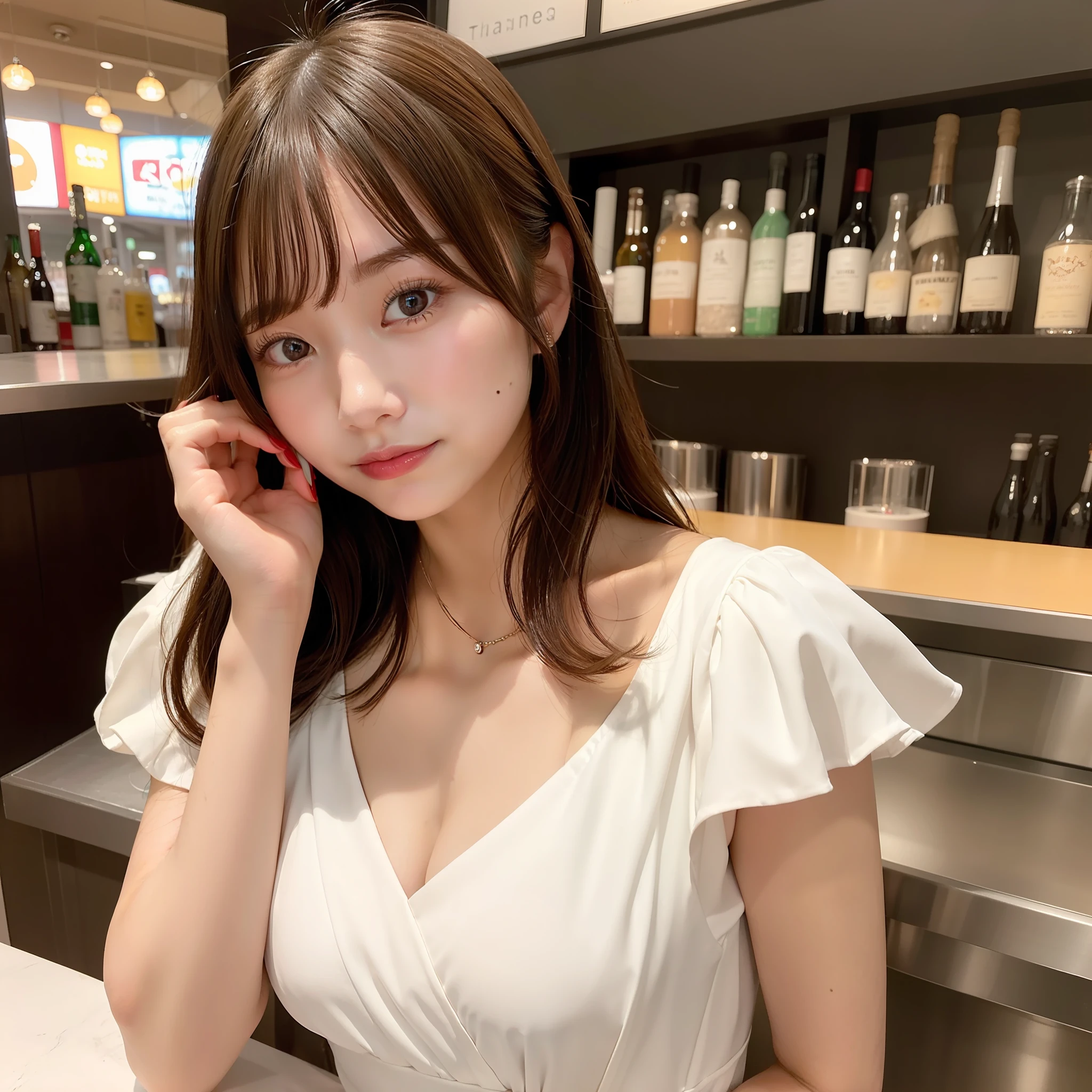 Girl looking at you with a smile on the bar counter in the background、Red cheeks、White Dress、Her feelings、tits out、Longhaire、Cleavage emphasis、Constriction、20age、simple nails、Looks good、japanes、TOKYOcty、Bombshell、Open mouth slightly、pose that a man likes、