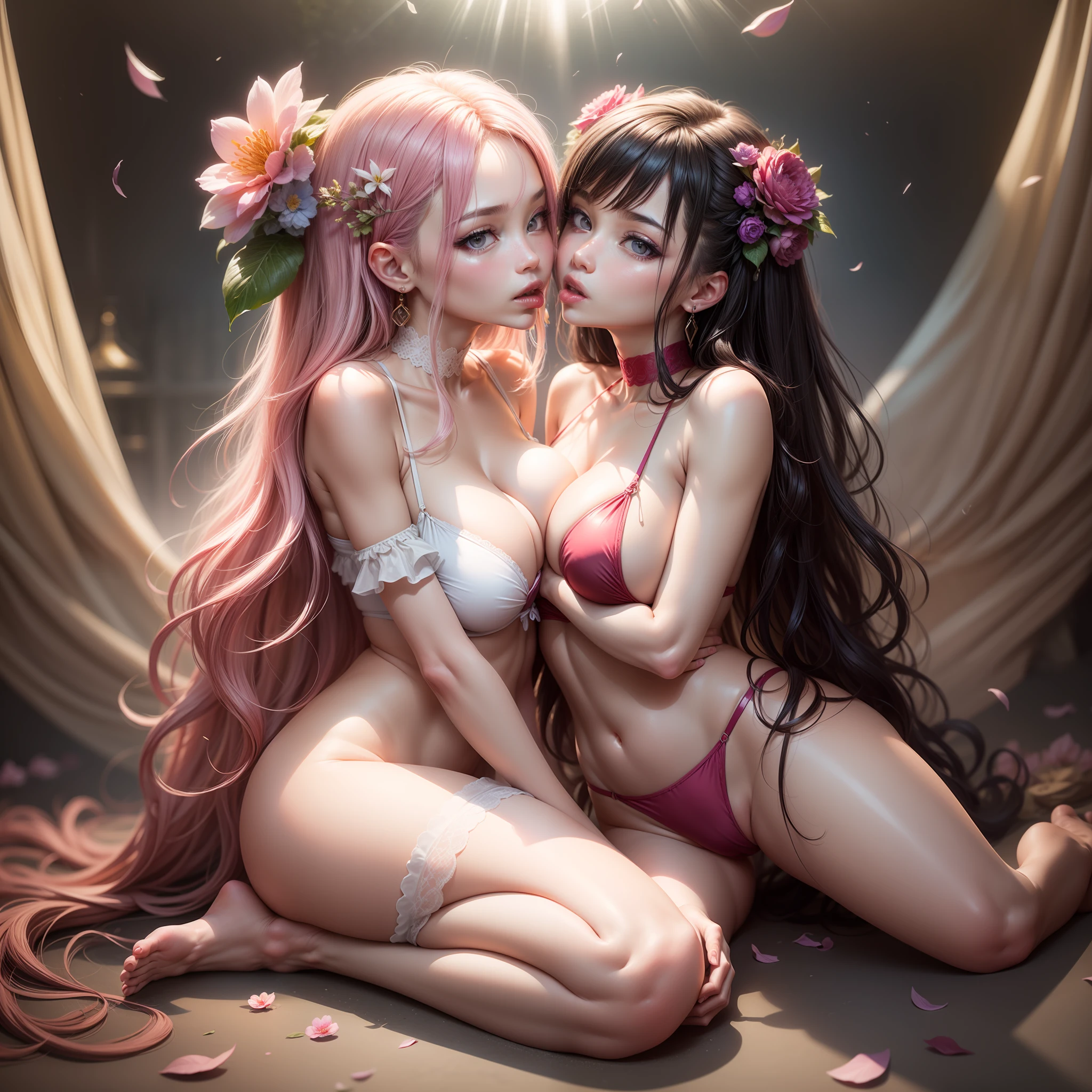 Best quality,Amazing,Masterpiece,Delicate,超高分辨率,Ultra detailed,intricately details,Beautiful detailed,8K resolution,(Extremely detailed Cg Unity 8K wallpaper),Sharp focus,((No text)),breast conscious,Huge bare breasts,Areola bareness,Bare breasts explode,Lively bare breasts,Bare breasts,High transparency and transparency of bikini tearing,,Tongue stock,Makeup,cheerfulness,Reflectors,ahegao,Pink eyes,Heart earrings,2girls,Female pervert,view the viewer,hair flower,Long hair,multicolored hair,Shiny hair,Barefoot,Bottomless,Thick thighs,Bare legs,Look at each other from the front、((Feminine kiss))、(((French kiss for women)))、Women hugging each other,As if pushing each other、Staring at each other、Moist eyes、half-open lips、Beautiful、Red blush(0.2)、Functional、seductiv、Trance、instigate、Beauty、bustup、Shunguang、、Shoot diagonally down from the front、precise drawing、Detailed drawing、Precise anatomy、