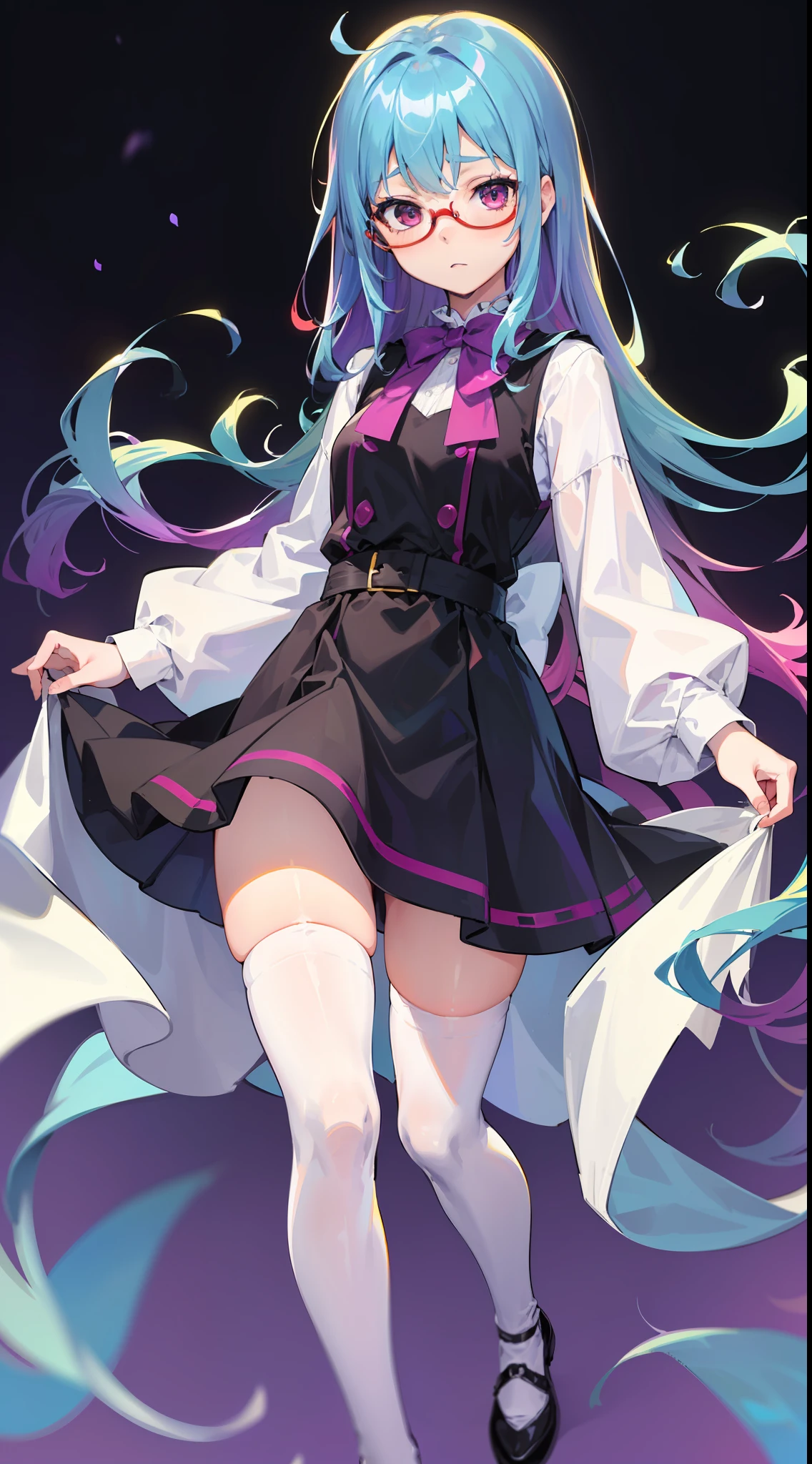 (teens girl,人物,校服,Gradient Long Hair+Pale blue hair+Purple hair ends+Red Half-rimmed Glasses+Purple eye:1.2,Princess dress,White over-the-knee stockings, Expressions are confident and static)