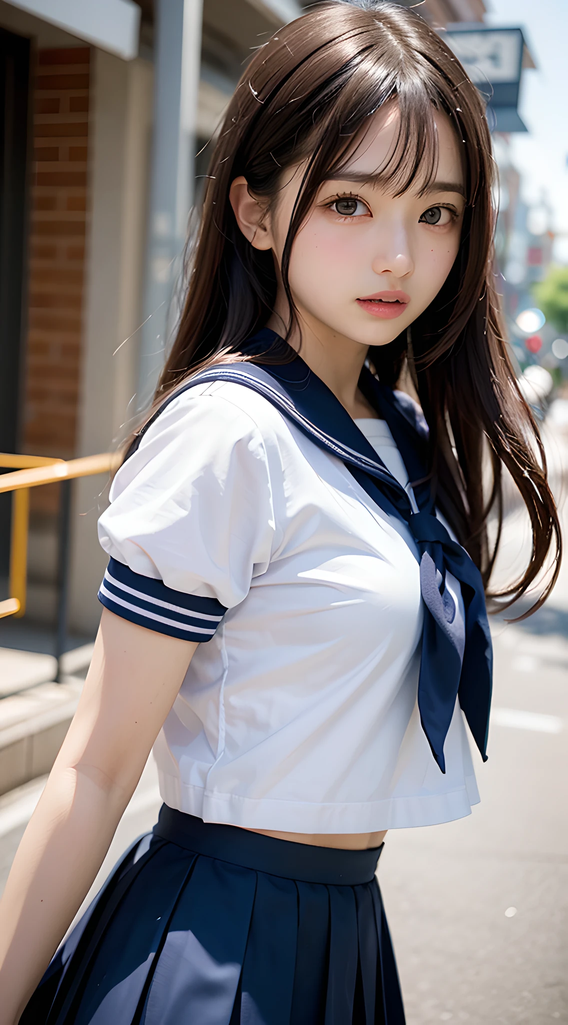 (masterpiece, best quality:1.2), 8k, official art, raw photo, incredibly absurdres, (upper body, sailor uniform, serafuku:1.4), beautiful girl, pretty face, arch back, (navy pleated skirt:1.1), close up, school uniform, short sleeve, gardenia, violaceaess, teen, street, looking at viewer, no makeup, film grain, chromatic aberration, sharp focus, facelight, dynamic lighting, cinematic lighting, detailed eyes and face, bokeh background