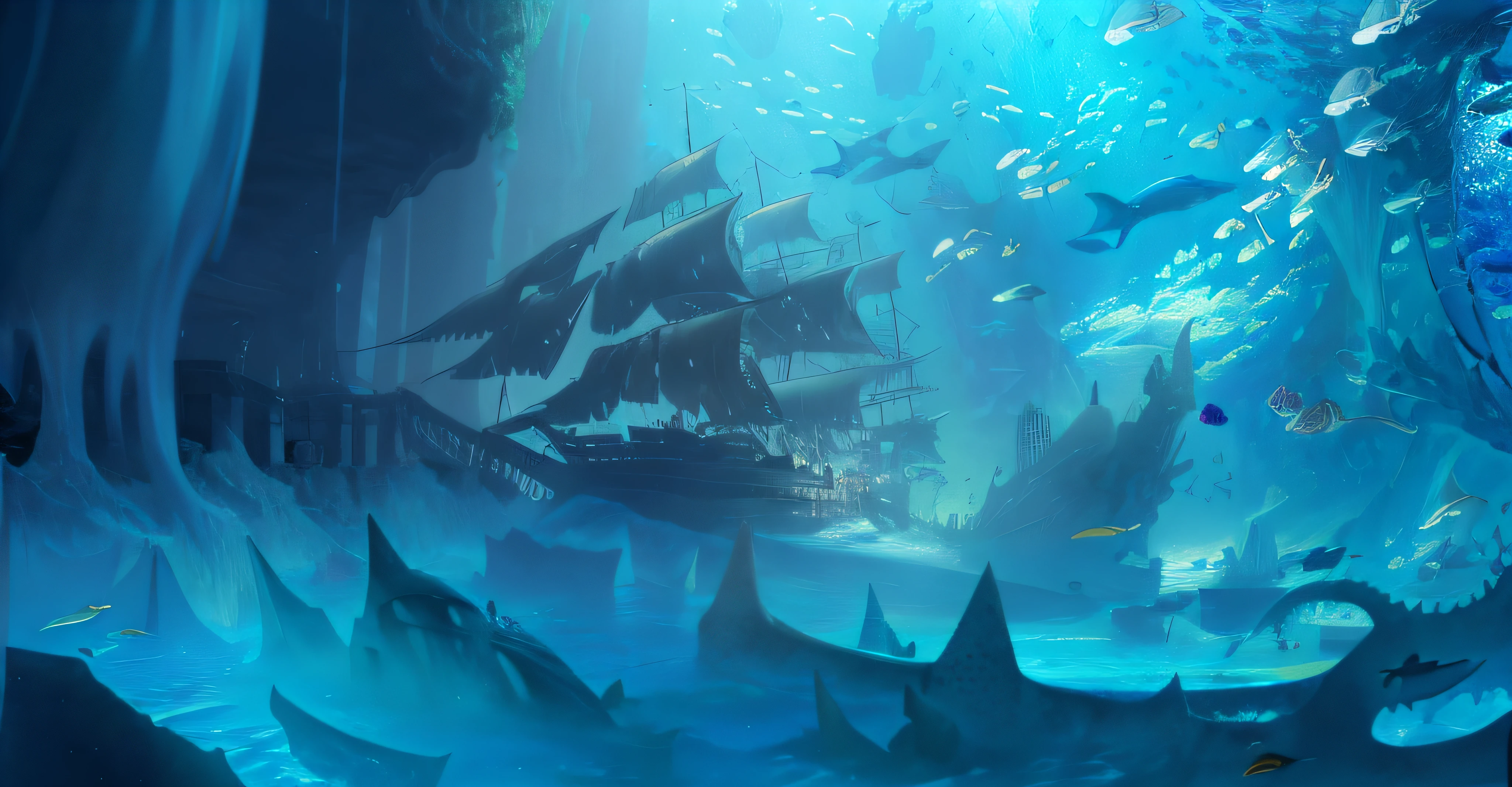 There is a shipwreck in the water,Sea monsters and treasures in the background,concept art stunning atmosphere, Stunning! concept-art, fantasy sea landscape, undersea environment, stunning concept art, Concept art wallpaper 4K, dramatic concept art, deep sea landscape, painterly concept art, High quality digital concept art, League of Legends concept art, beautiful concept art, ocean floor