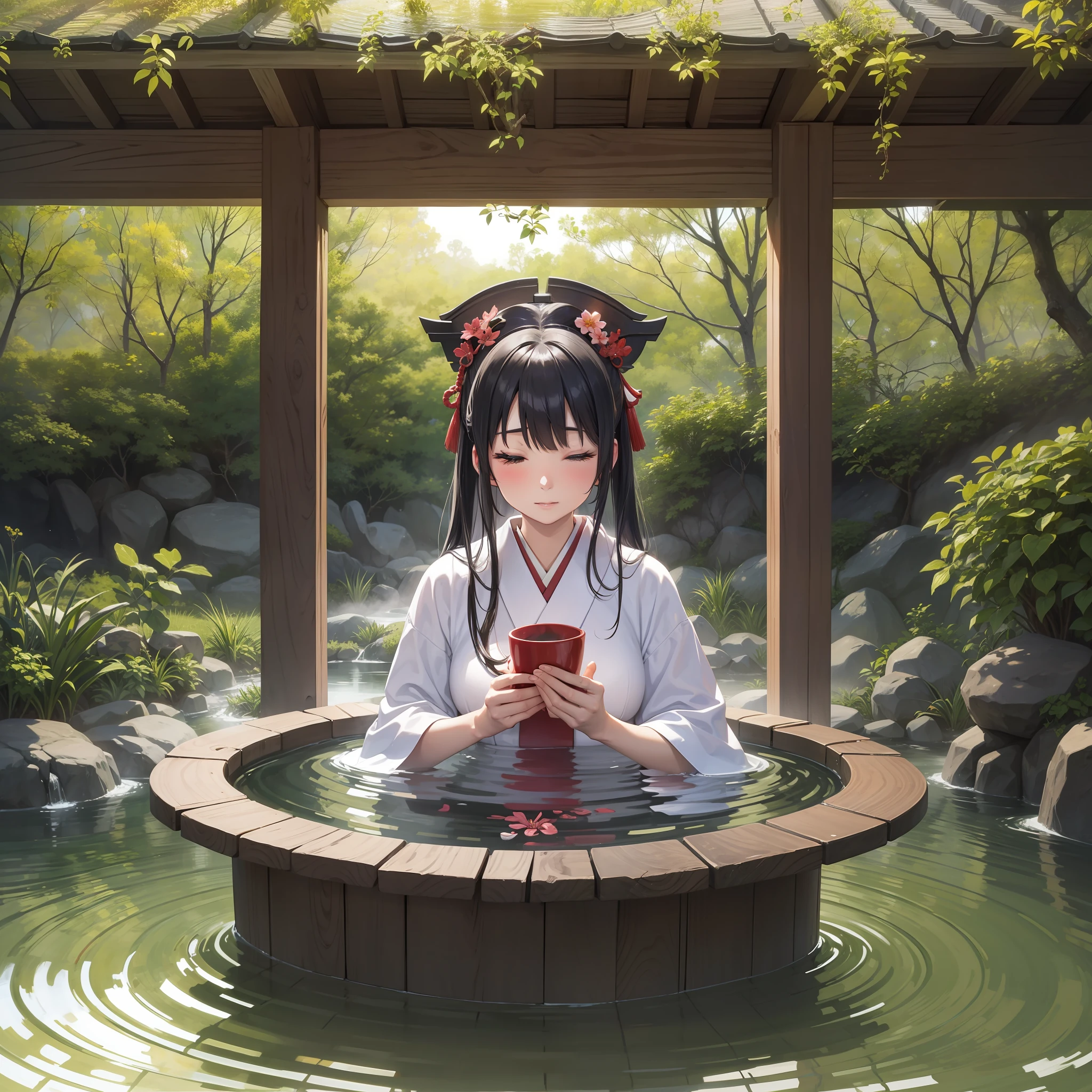 Japan priestess bathing in a hot spring