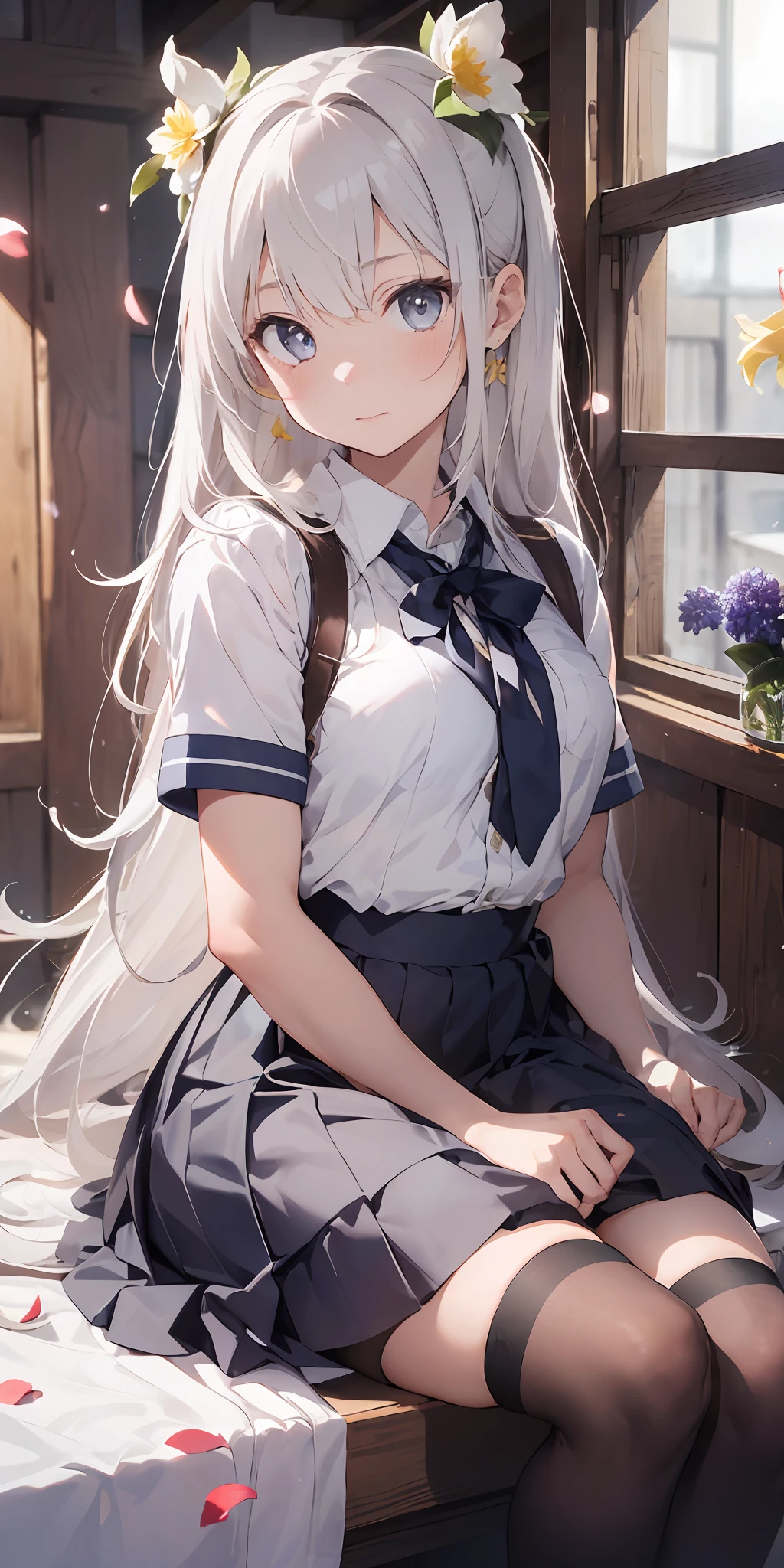1girl, beautiful detailed eyes, long white hair, light grey eyes, school uniform, high white stocking, lustrous skin, flower, daffodil, hyacinth, falling petals, , high contrast, ((masterpiece, best quality))