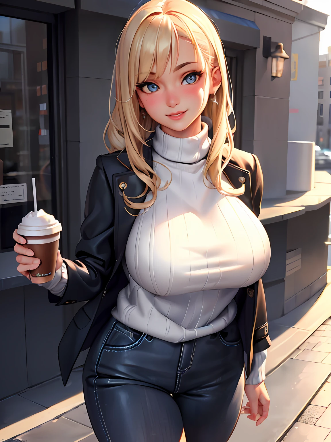 (masterpiece, best quality:1.4), (modern days), (cowboy shot), 1girl, solo, pov, sfw, stunning girlfriend, (standing:1.1), dynamic pose, (white oversized sweater, knit sweater:1.4), (skinny yoga pants, dark gray yoga pants: 1.4), (navy short jacket, denim jacket: 1.4), long blonde hair, bangs, heart-shaped face, elegant face, beautiful face, high detail face, high detail skin, skin pores, subsurface scattering, (blue eye details), realistic pupils, plump breasts, loving smile, looking at the audience, full blush, plump lips, holding a coffee cup, centered, coffee shop in background, city street, sunny day, wind, detailed background, depth of field, Atmospheric perspective, volumetric lighting, clear focus, absurd, realistic proportions, good anatomy, (realistic, hyper-realistic:1.4), 16k HDR,