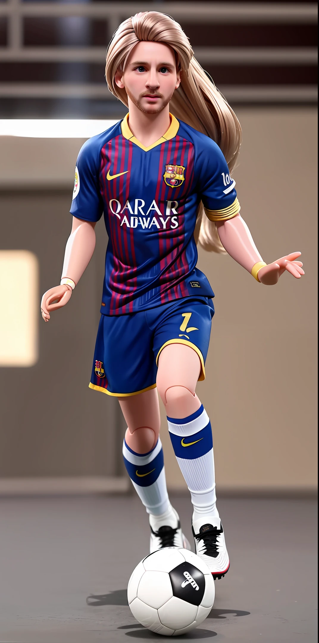 Leo Messi as a Barbie doll, inside the box and with accessories such as a soccer ball, hyper-realistic photography, taken with a professional camera, depth of field, 8k