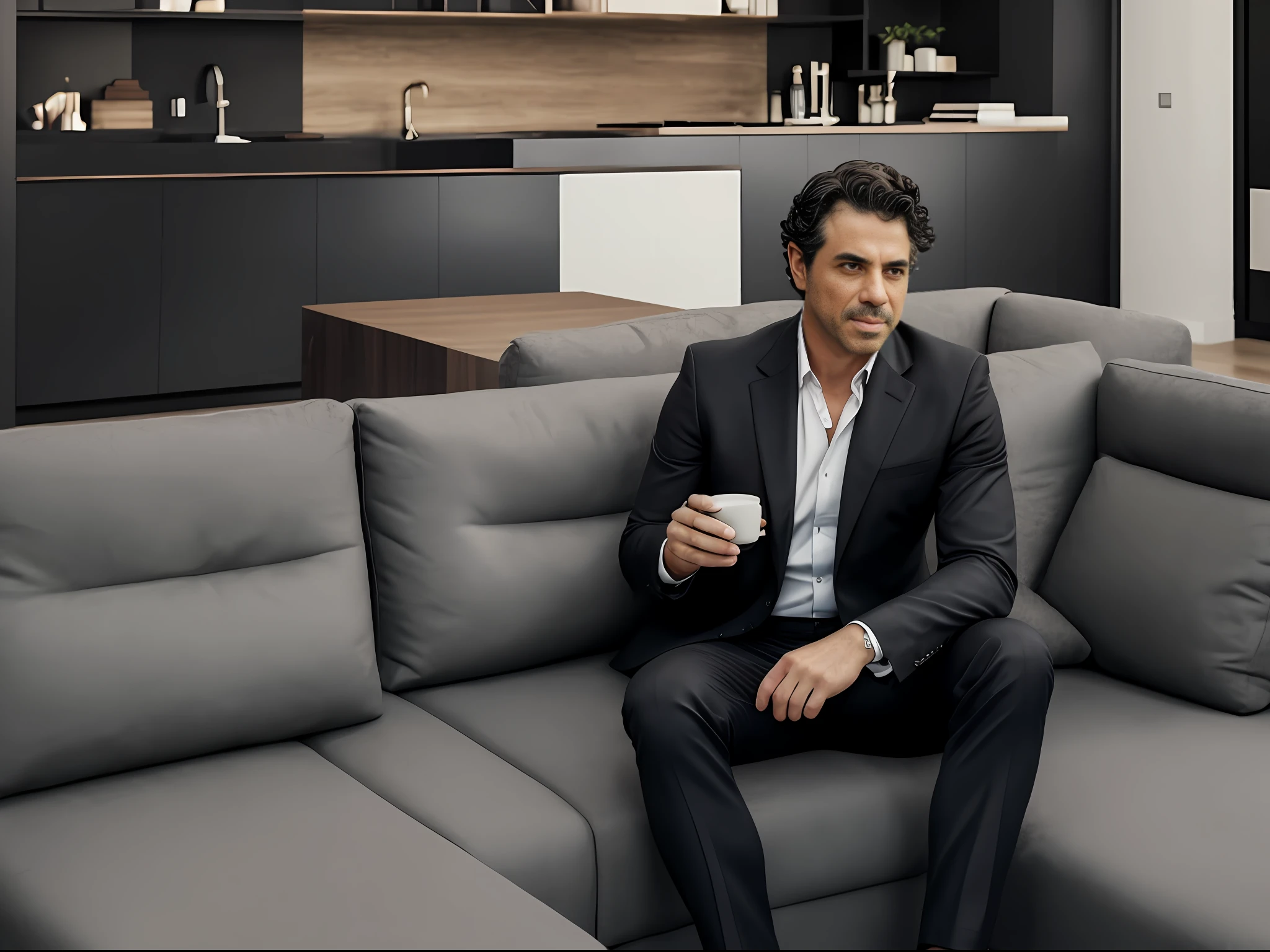 "a hyperrealistic middle-aged (curly dark hair) stylish man sitting on a sleek single sofa in a modern tech-inspired interior-design backdrop."