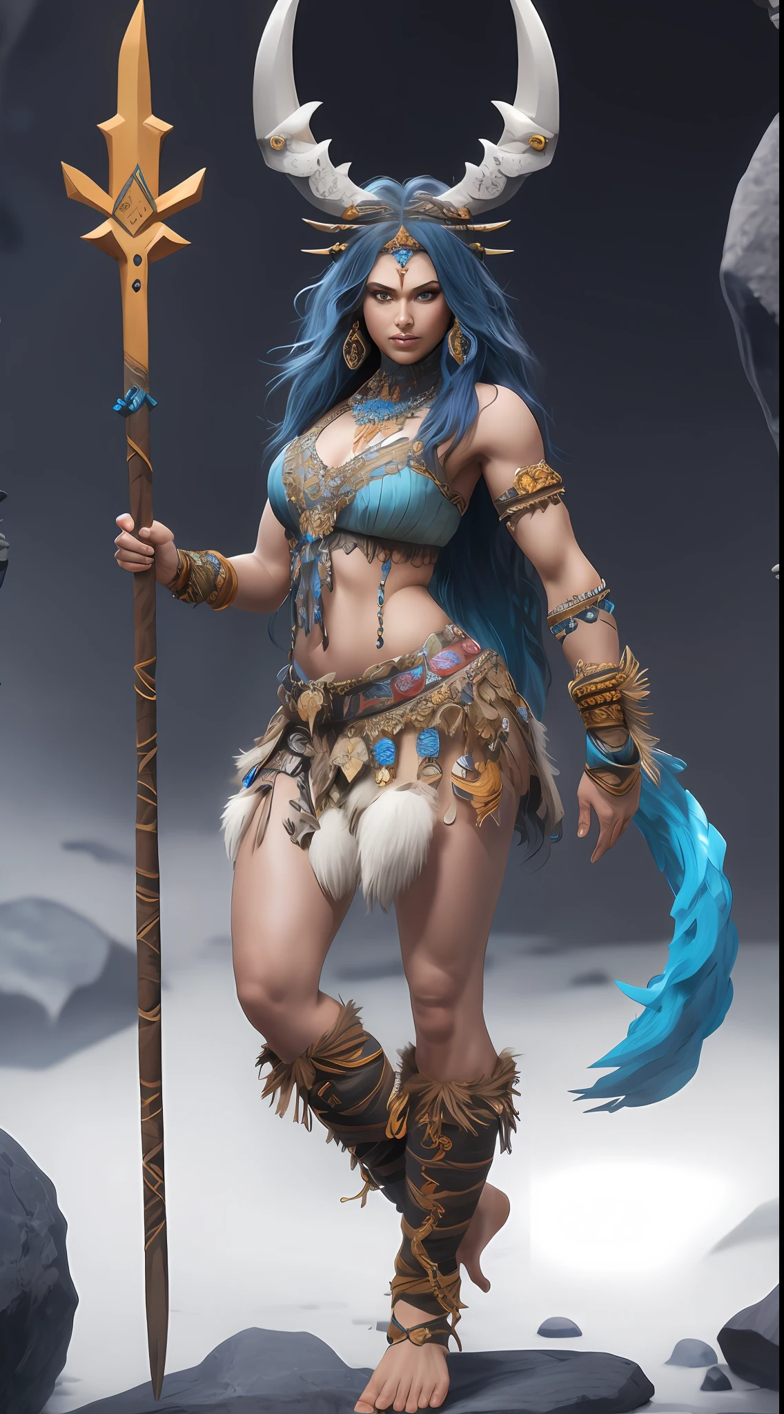 1 beautiful woman、Full body like、Primitive barbarian style，highly details eye、详细的脸，Blue marine costume，Full body standing painting，dynamicposes，white backgrounid，tmasterpiece，best qualtiy，Best resolution，8K，